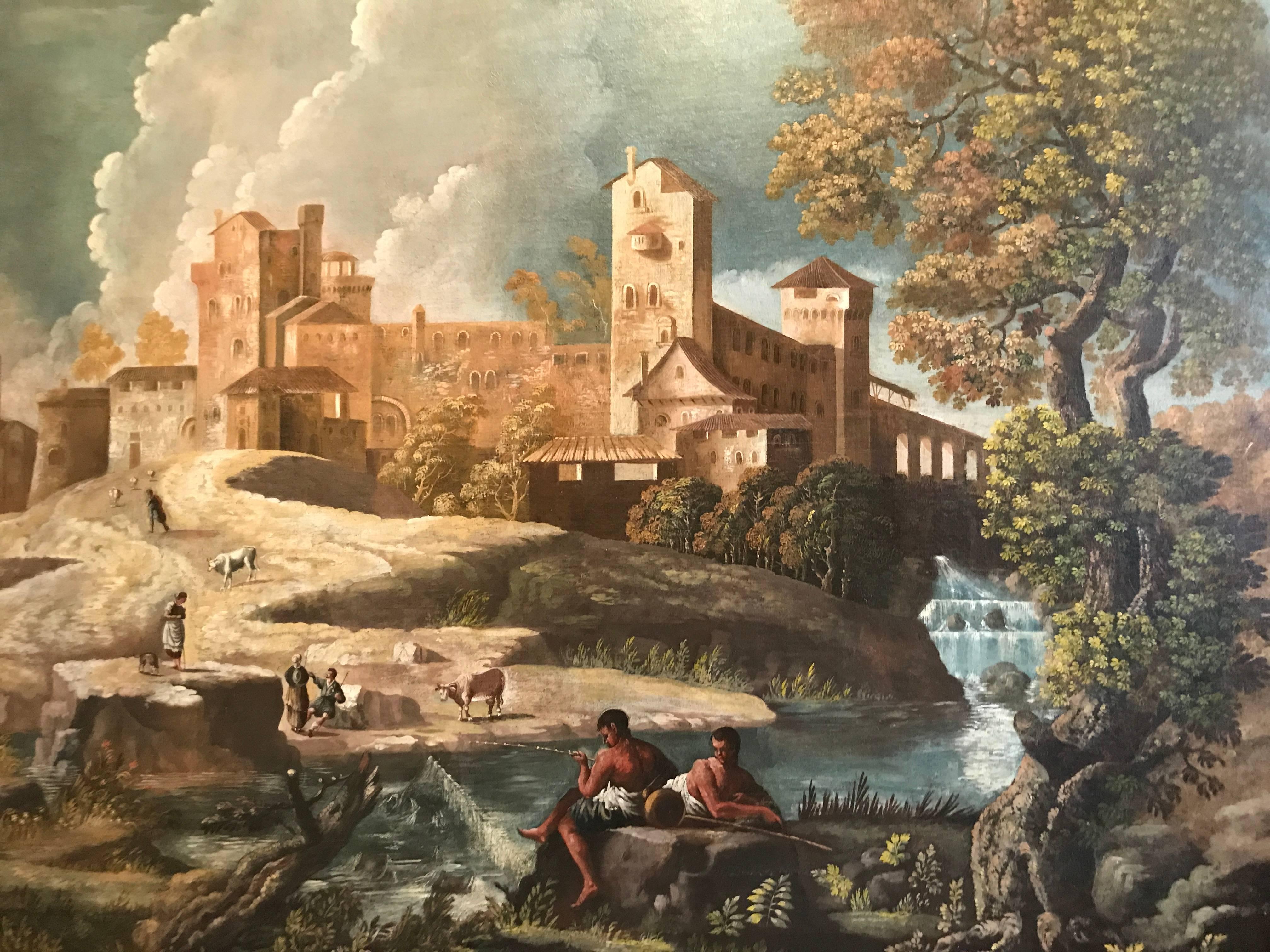 Monumentales Landschaftsgemälde des 17. Jahrhunderts mit Figuren in einer arcadianischen Umgebung – Painting von Unknown