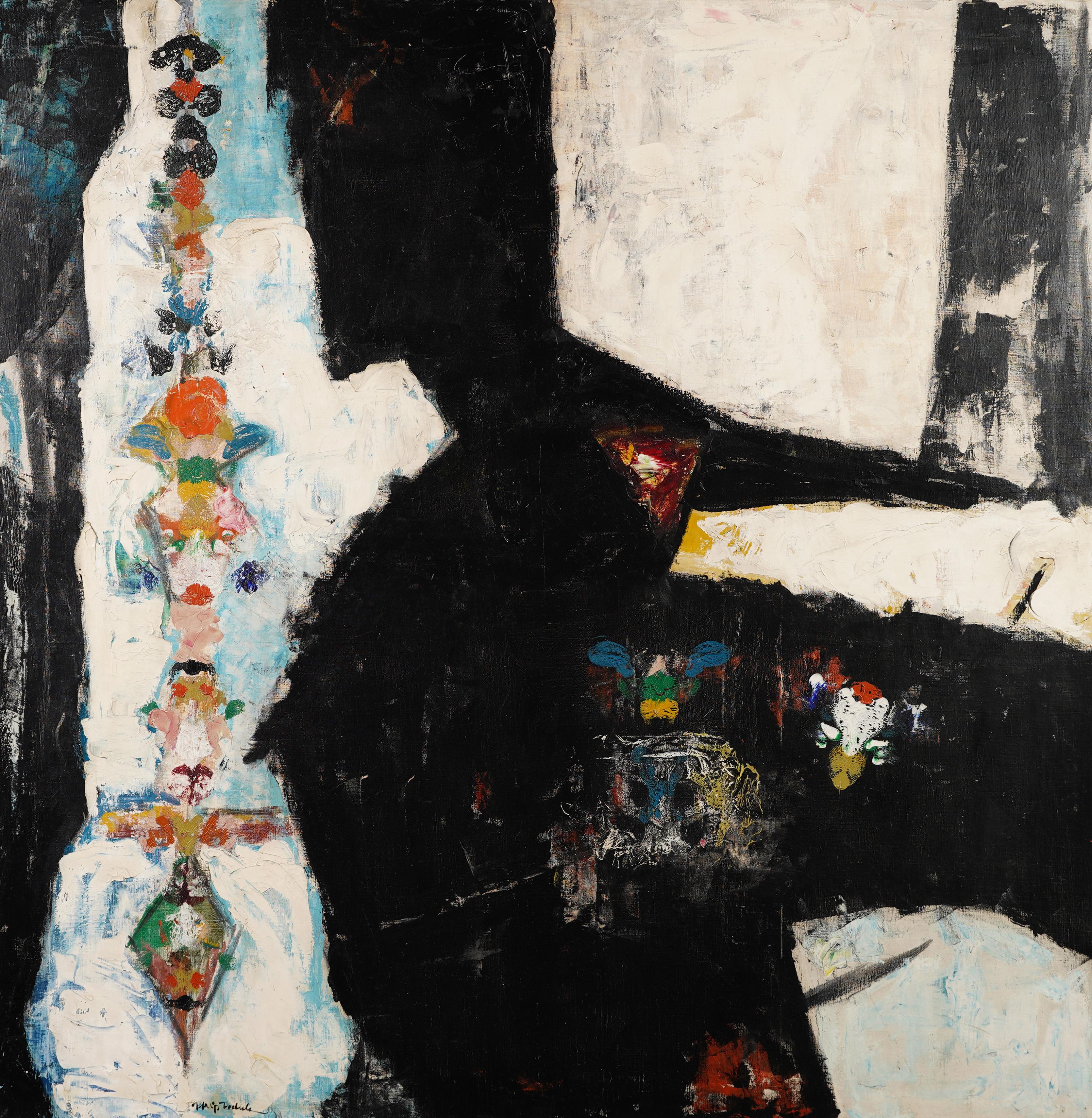  Grande peinture à l'huile moderne abstraite monumentale encadrée et signée de style expressionniste - Noir Abstract Painting par Unknown