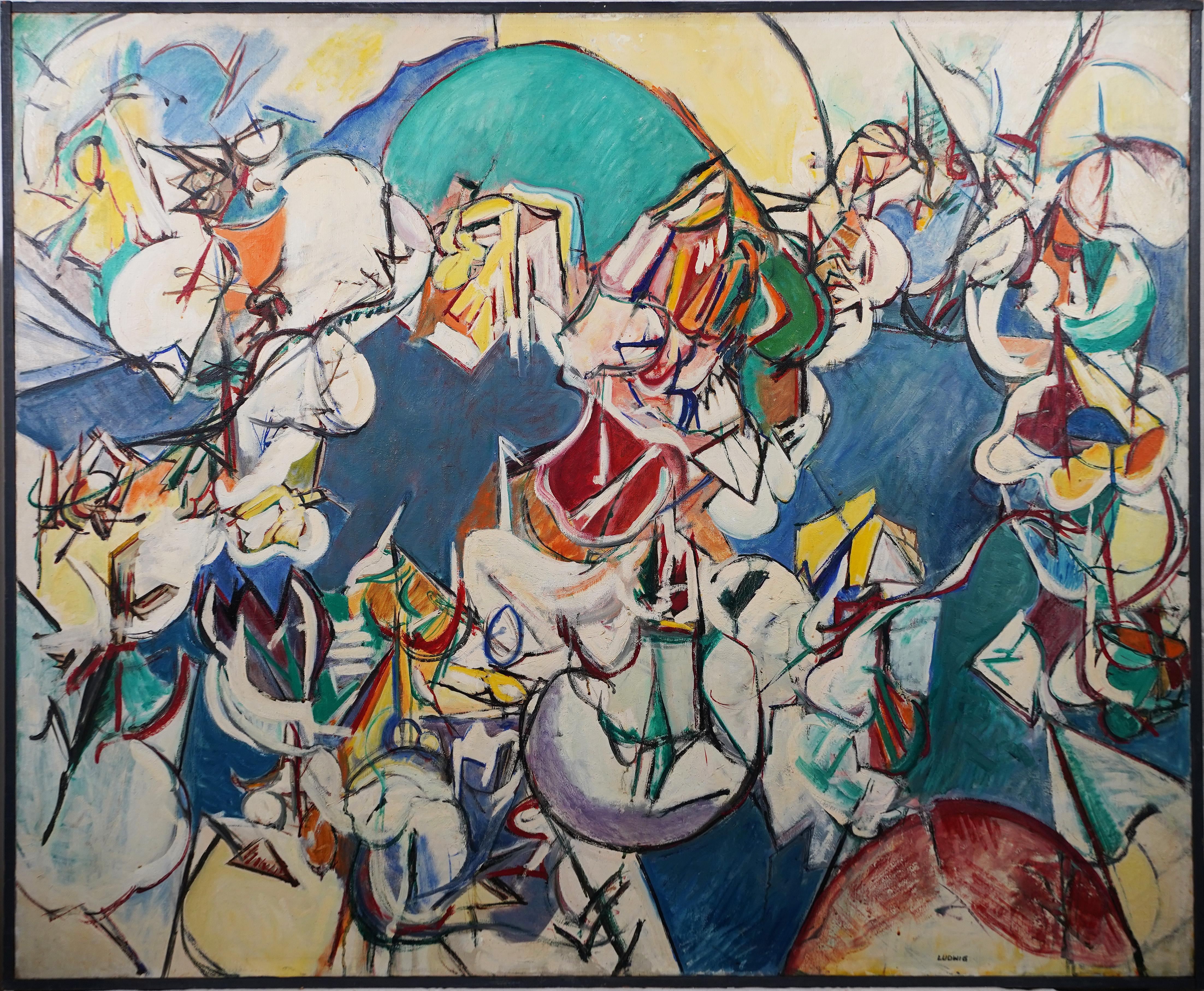 Monumentale dipinto ad olio originale dell'Espressionismo astratto, firmato nel 1953 e incorniciato - Painting di Unknown