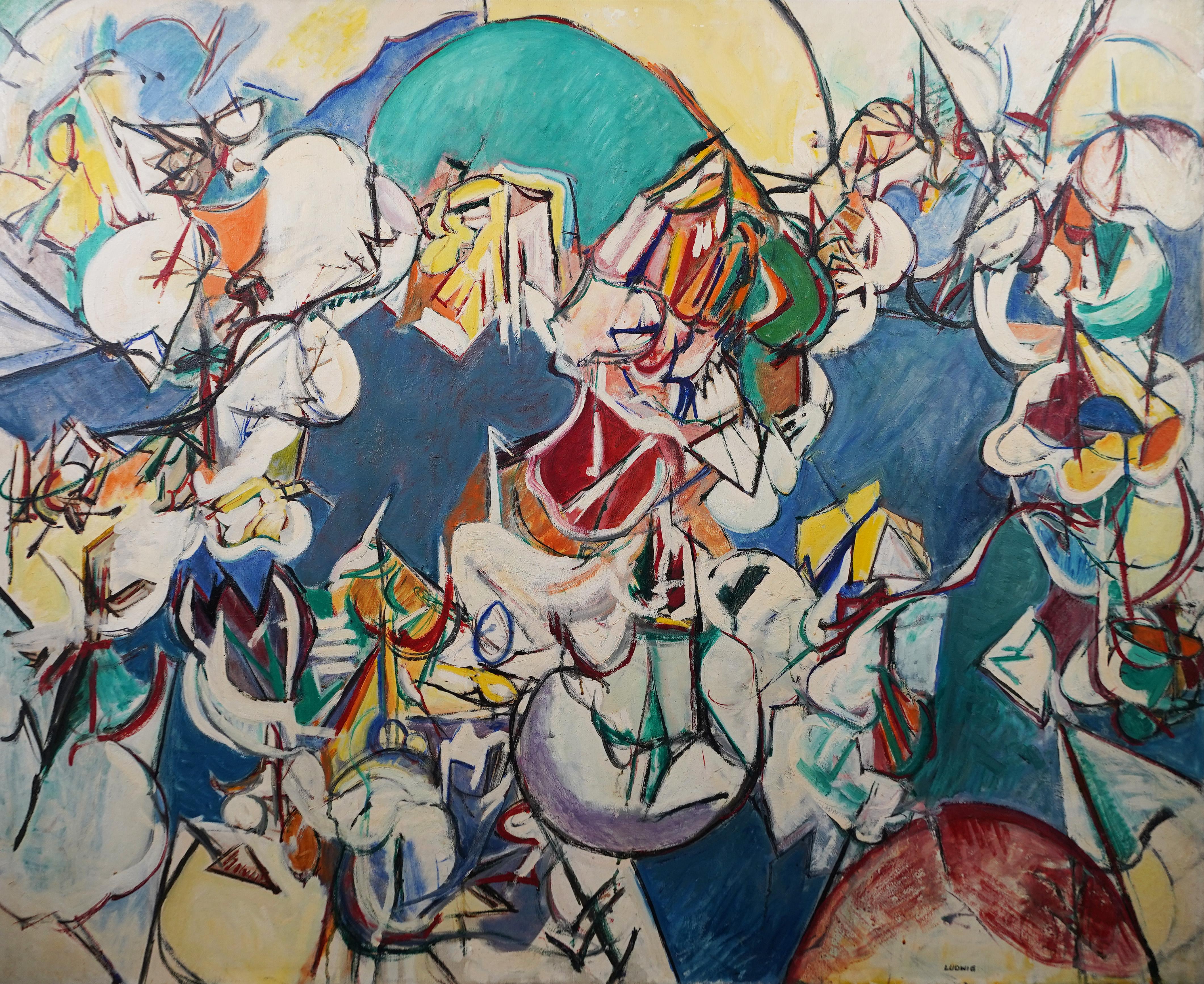 Monumentale dipinto ad olio originale dell'Espressionismo astratto, firmato nel 1953 e incorniciato - Painting Astratto di Unknown