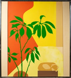 Monumental American School Modernist Indoor Plant and Cat Abstract Painting
