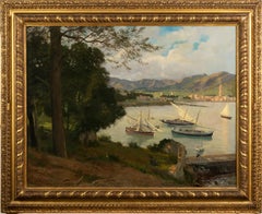 Monumental Antique Italian Mountain Lake Village Framed Signed Oil Painting
