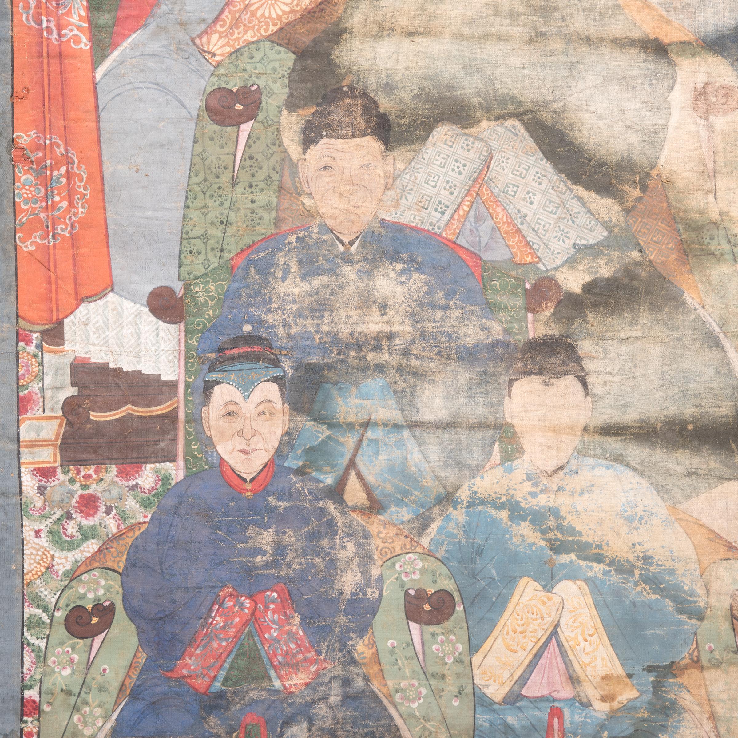 Reflecting the role that ancestor worship played in Chinese culture, this Qing-dynasty painting depicts several generations of family, dressed in intricately-detailed and brilliantly colored garments. The oldest ancestors are largest in scale at the