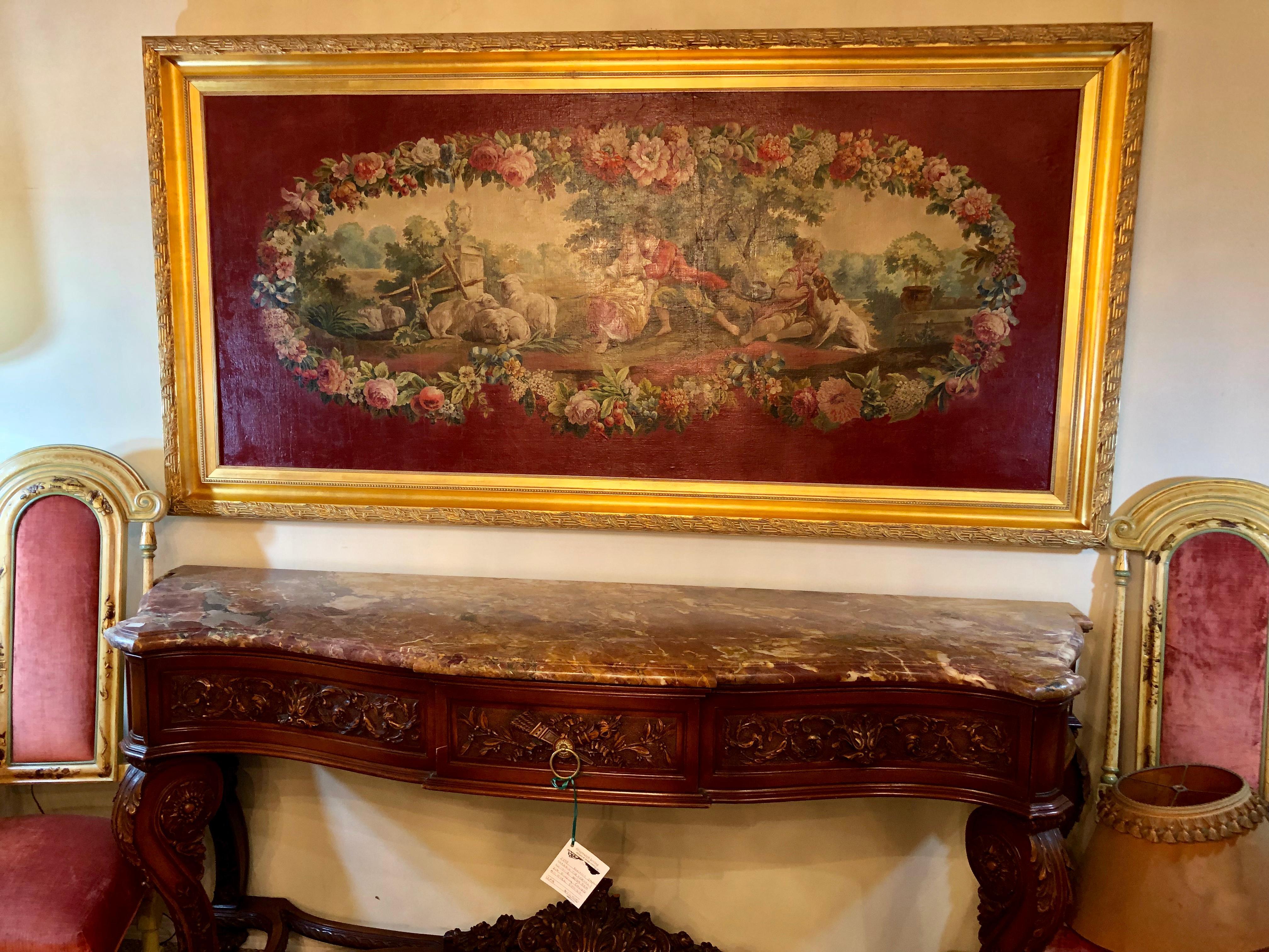 Monumentales französisches Öl auf Leinwand 19. bis 20. Jahrhundert Liebespaar auf dem Feld (Braun), Figurative Painting, von Unknown