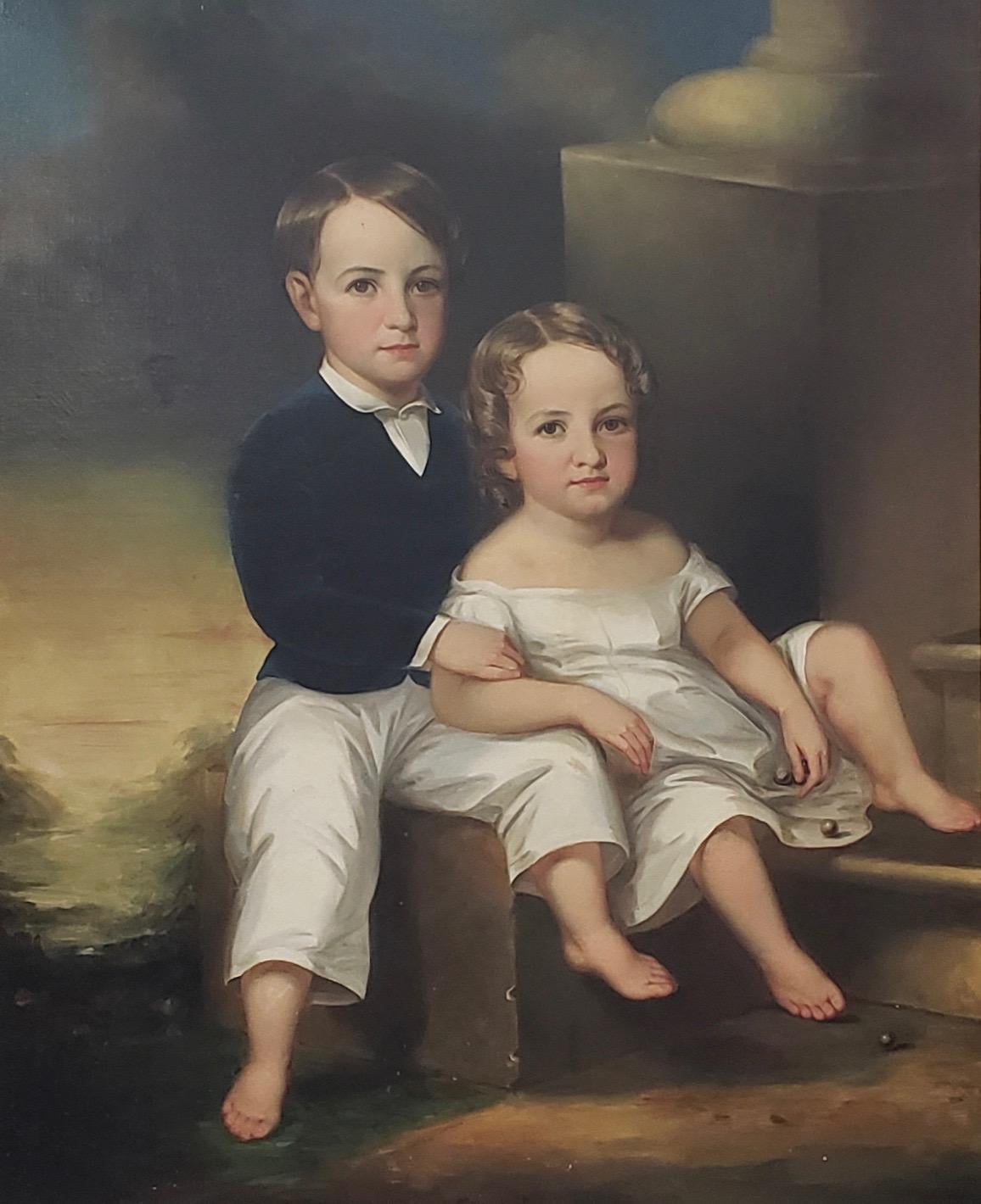 Monumental Mid-19th Century Oil Portrait of Two Siblings For Sale 2