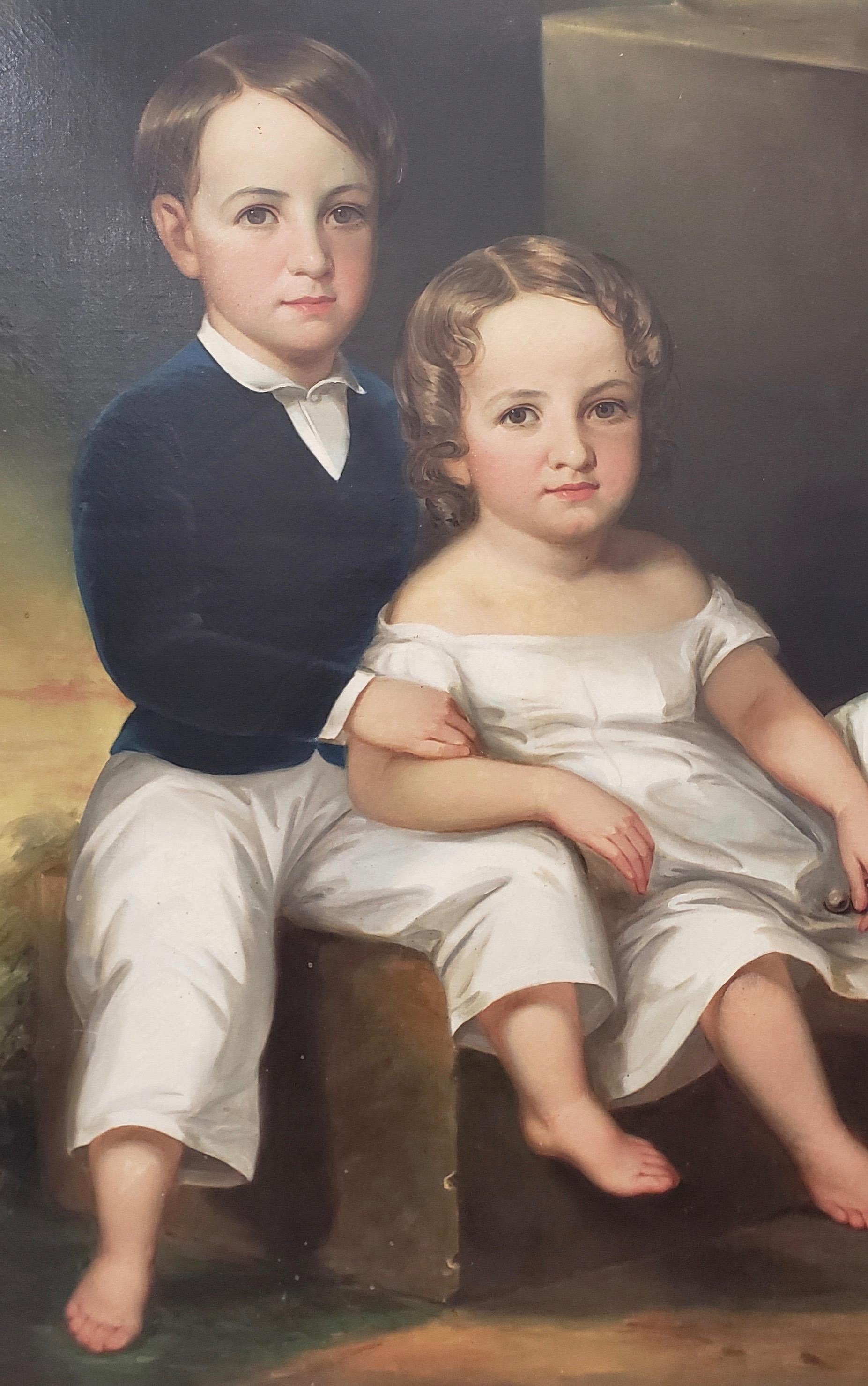 Monumental Mid-19th Century Oil Portrait of Two Siblings - Gray Figurative Painting by Unknown