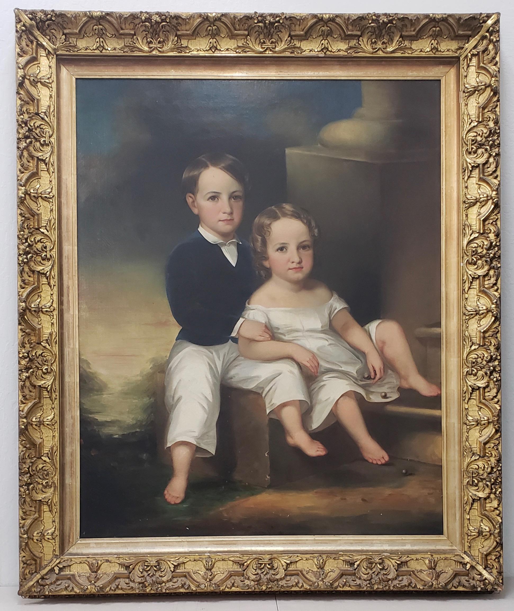 Monumental Mid-19th Century Oil Portrait of Two Siblings