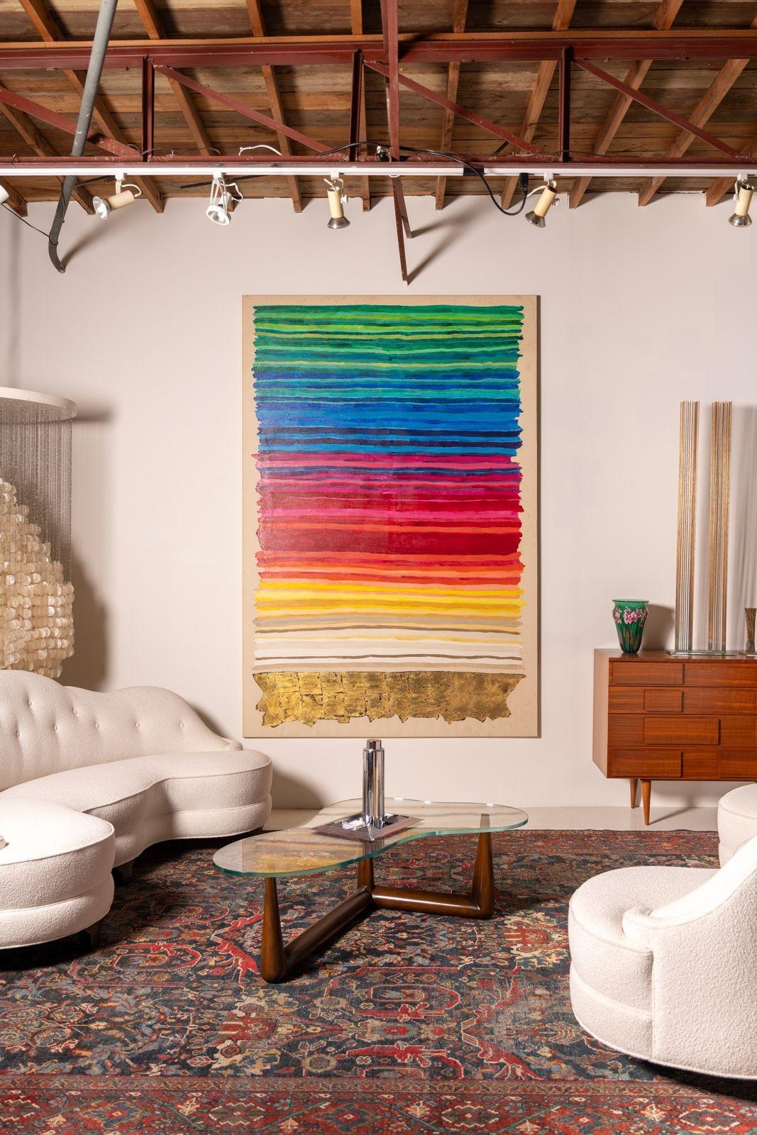 This striking mid-20th century painting captivates with its vibrant horizontal stripes, each hue meticulously rendered to create a harmonious yet dynamic composition. The artist's masterful use of prismatic colors evokes a sense of joy and wonder,