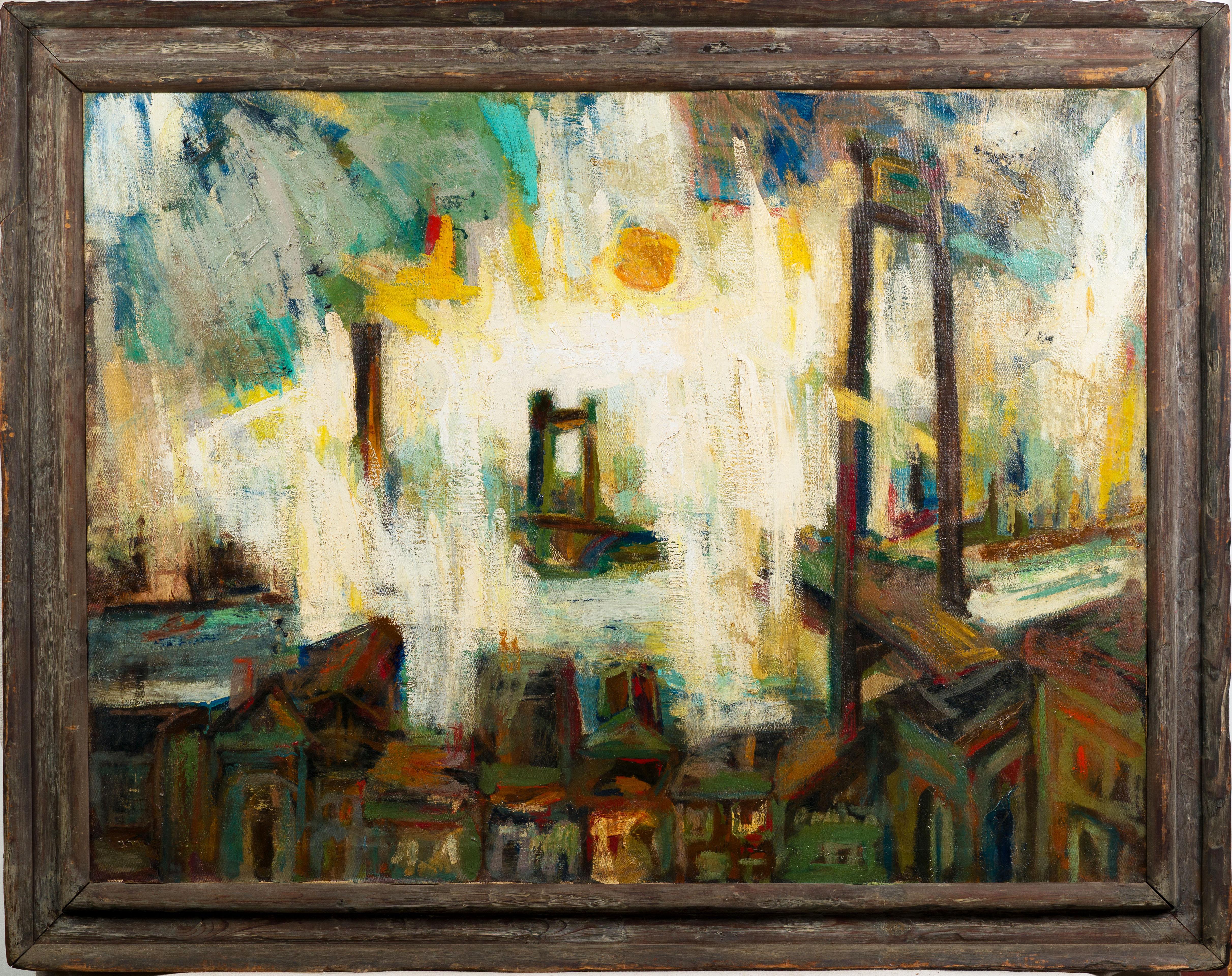 Monumental antique American modernist abstract cityscape oil painting.  Oil on canvas.  Framed.  No signature found. Very impressive painting in person here.  