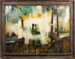 Monumental New York City Brooklyn Bridge Cityscape Framed Signed Oil Painting