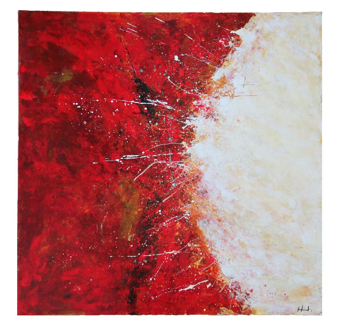 Large scale abstract expressionist painting with red and white tones. The piece is signed by the artist in the bottom corner. The canvas is not framed.
