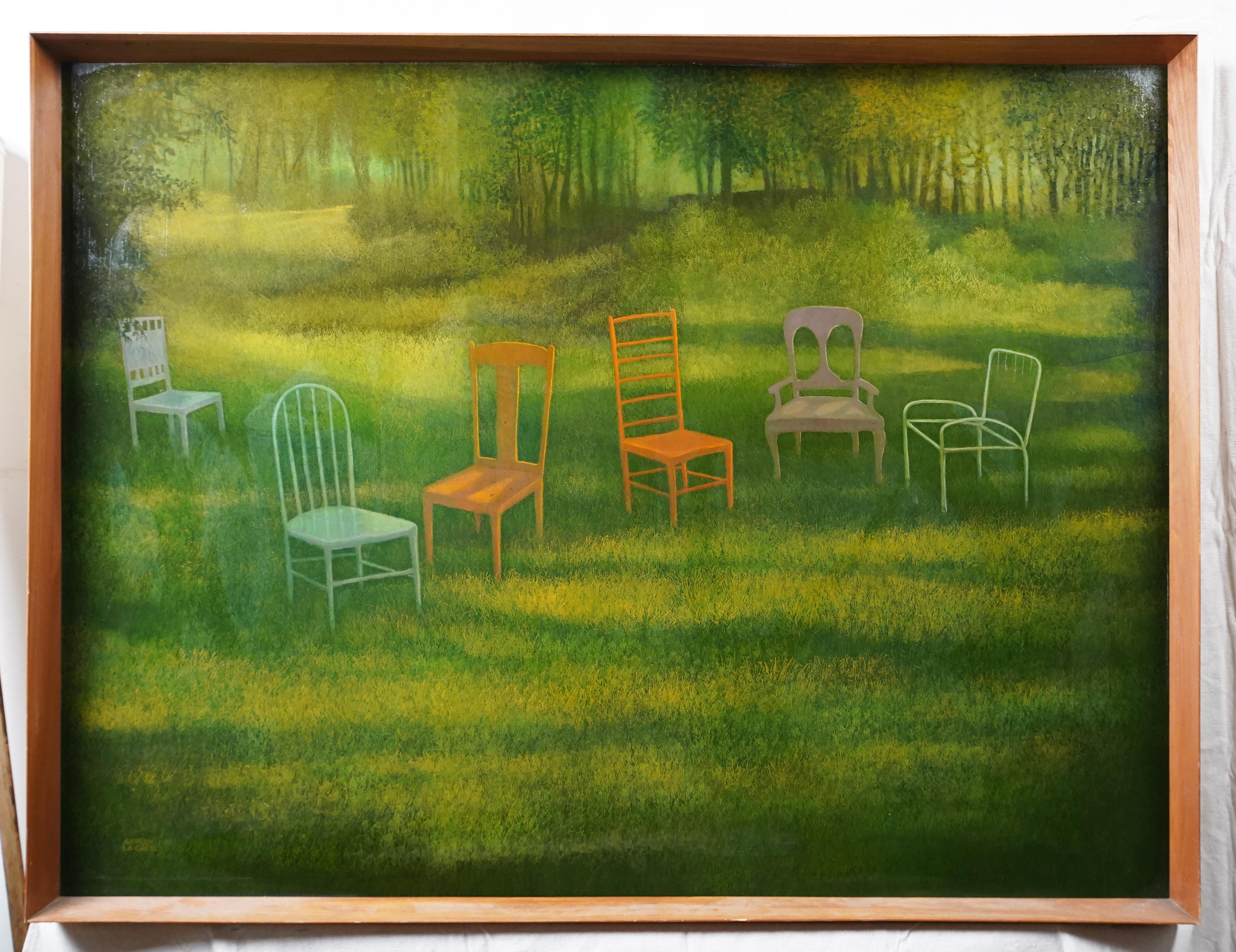 Monumental Signed Modernist Landscape Colorful Chairs Framed Rare Oil Painting For Sale 1