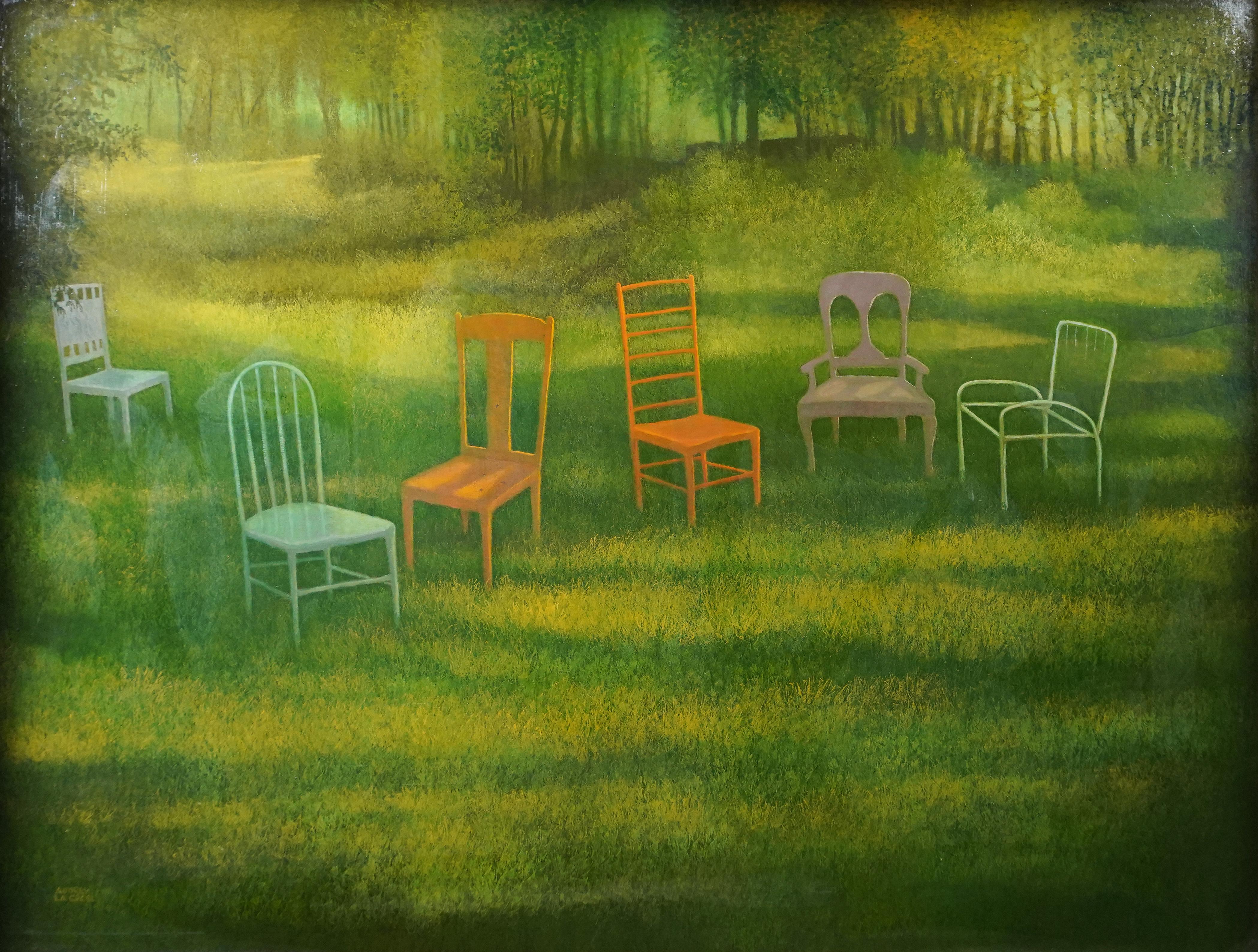 Monumental Signed Modernist Landscape Colorful Chairs Framed Rare Oil Painting 1