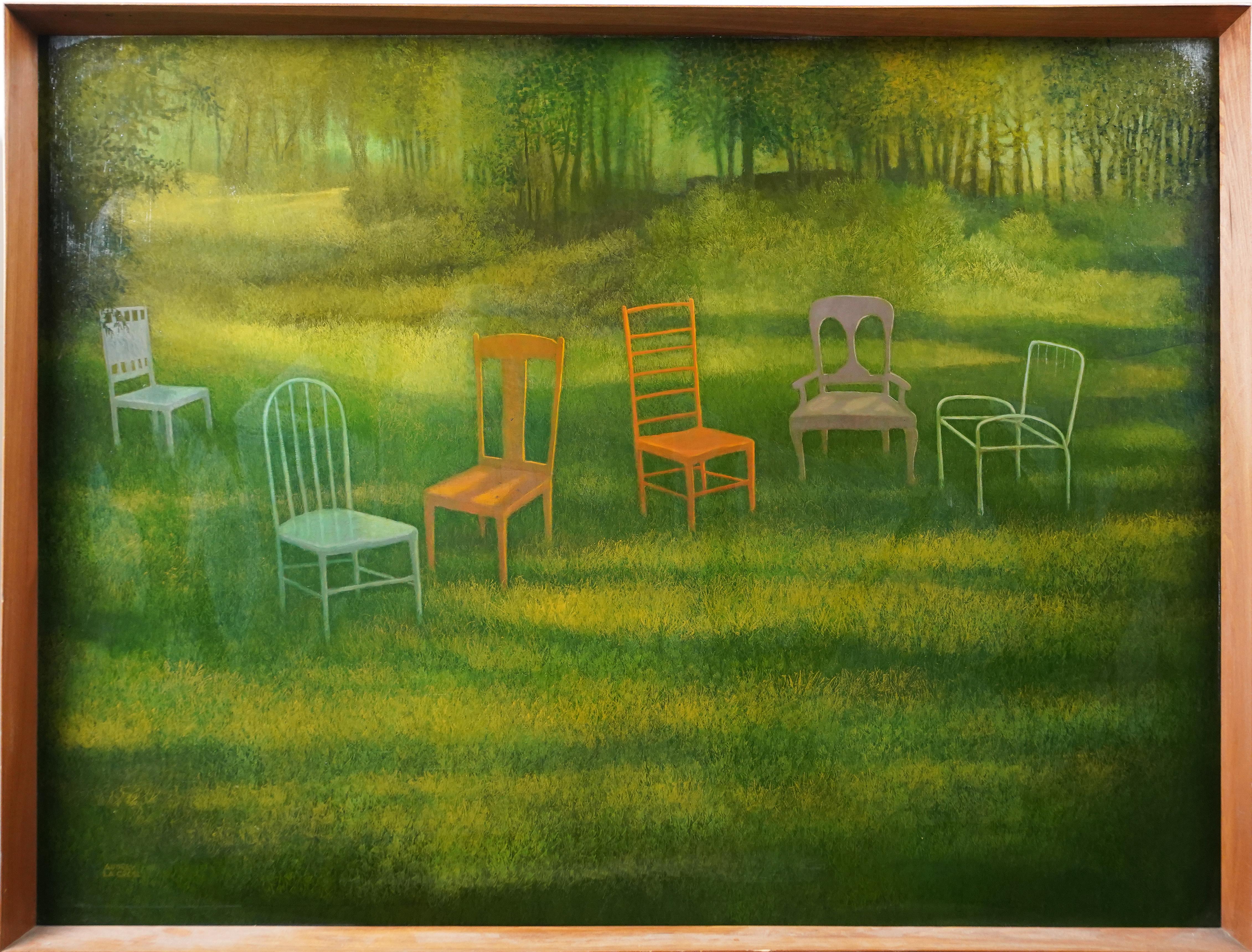 Unknown Still-Life Painting - Monumental Signed Modernist Landscape Colorful Chairs Framed Rare Oil Painting