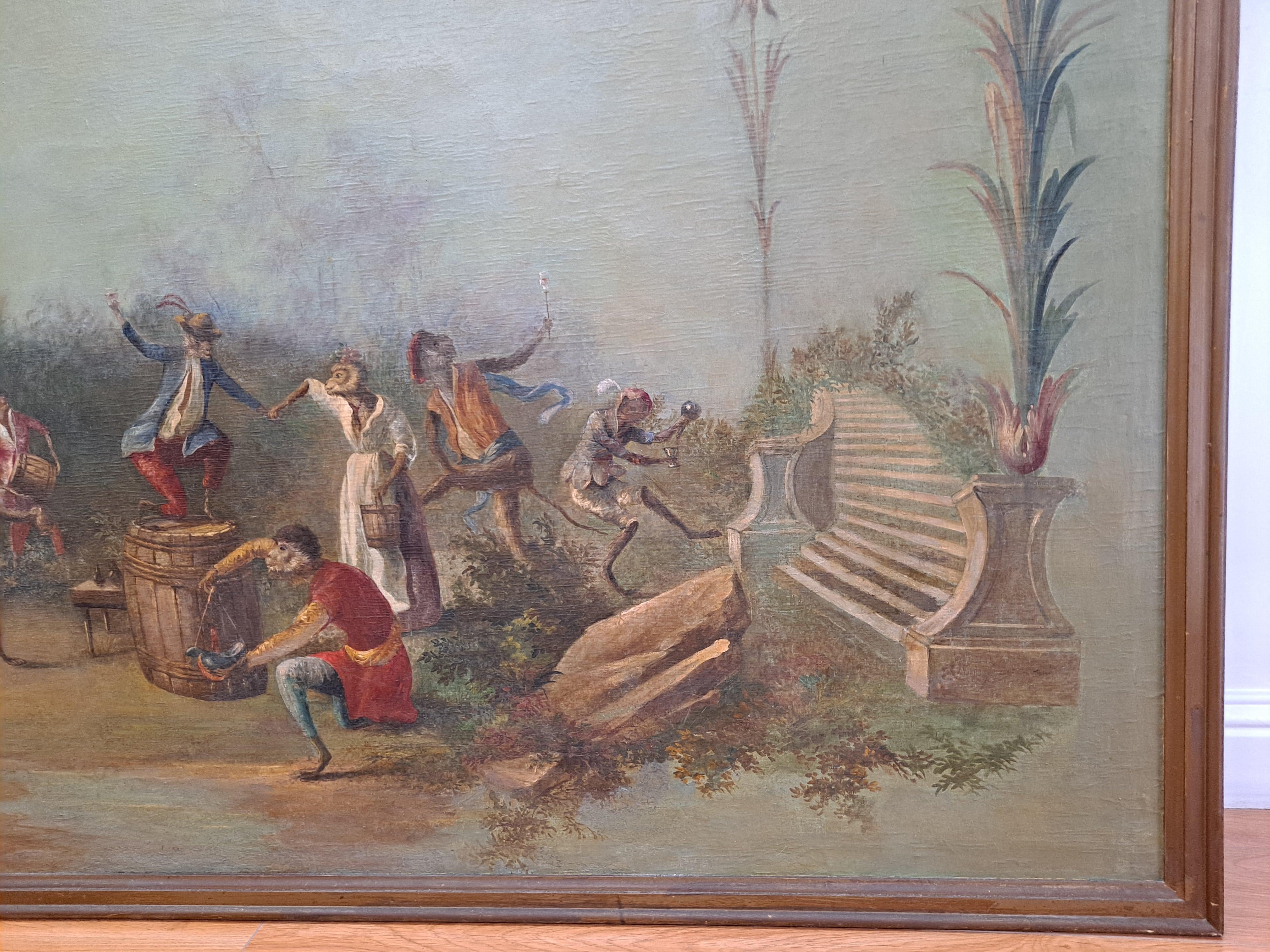 Singerie monumental (monos que imitan el comportamiento humano) Pintura caprichosa del siglo XVIII al estilo de Cristóbal Huet

En buen estado antiguo con restauración

66 