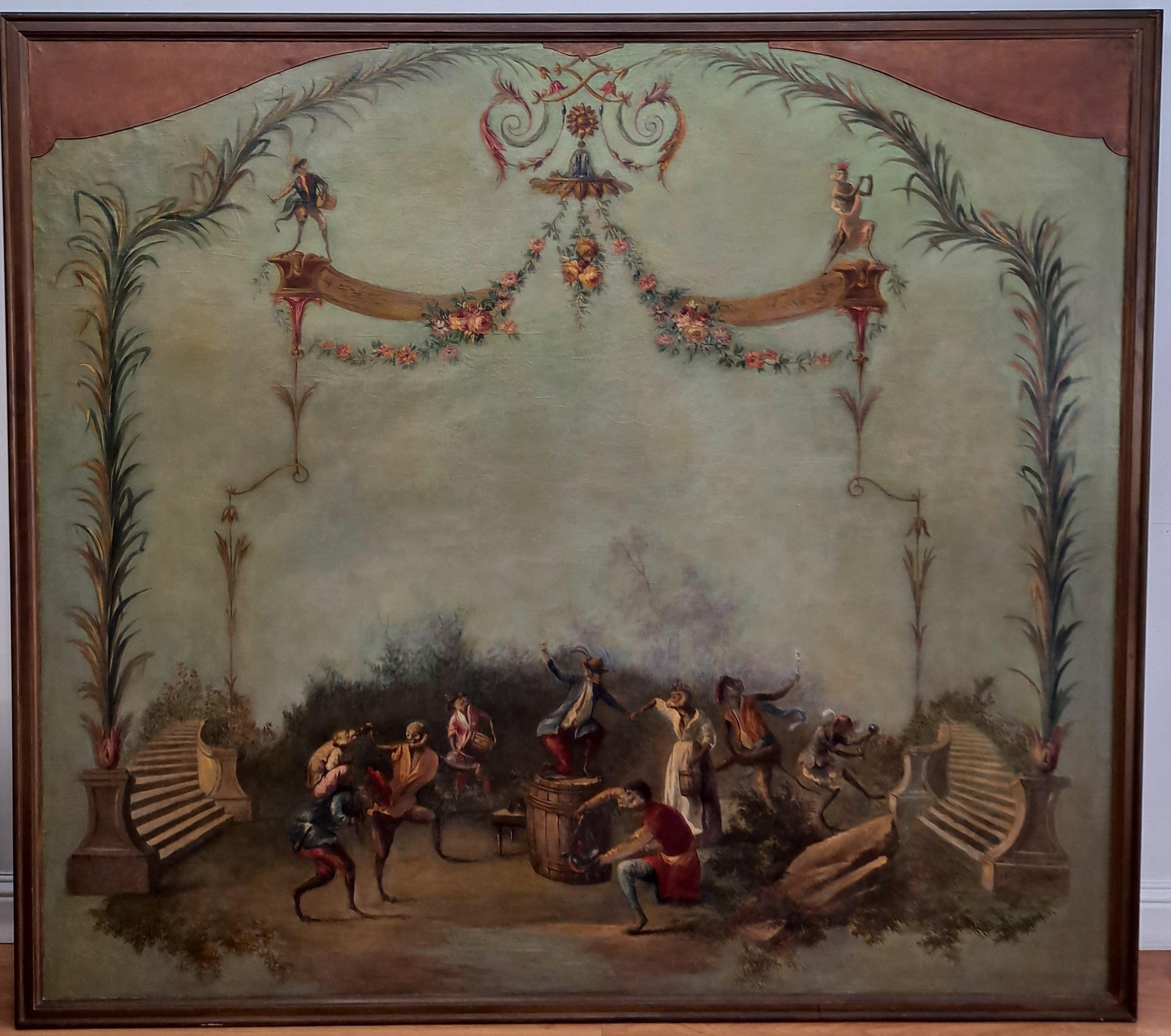 Unknown Animal Painting - Monumental Singerie 18th Century Whimsical Painting 