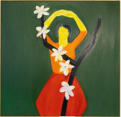 Monumentale pittura ad olio d'epoca modernista americana con fiori incorniciata