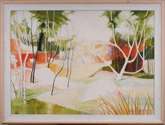 Monumental Pintura al Óleo Abstracta Paisaje Modernista de la Escuela Americana Vintage