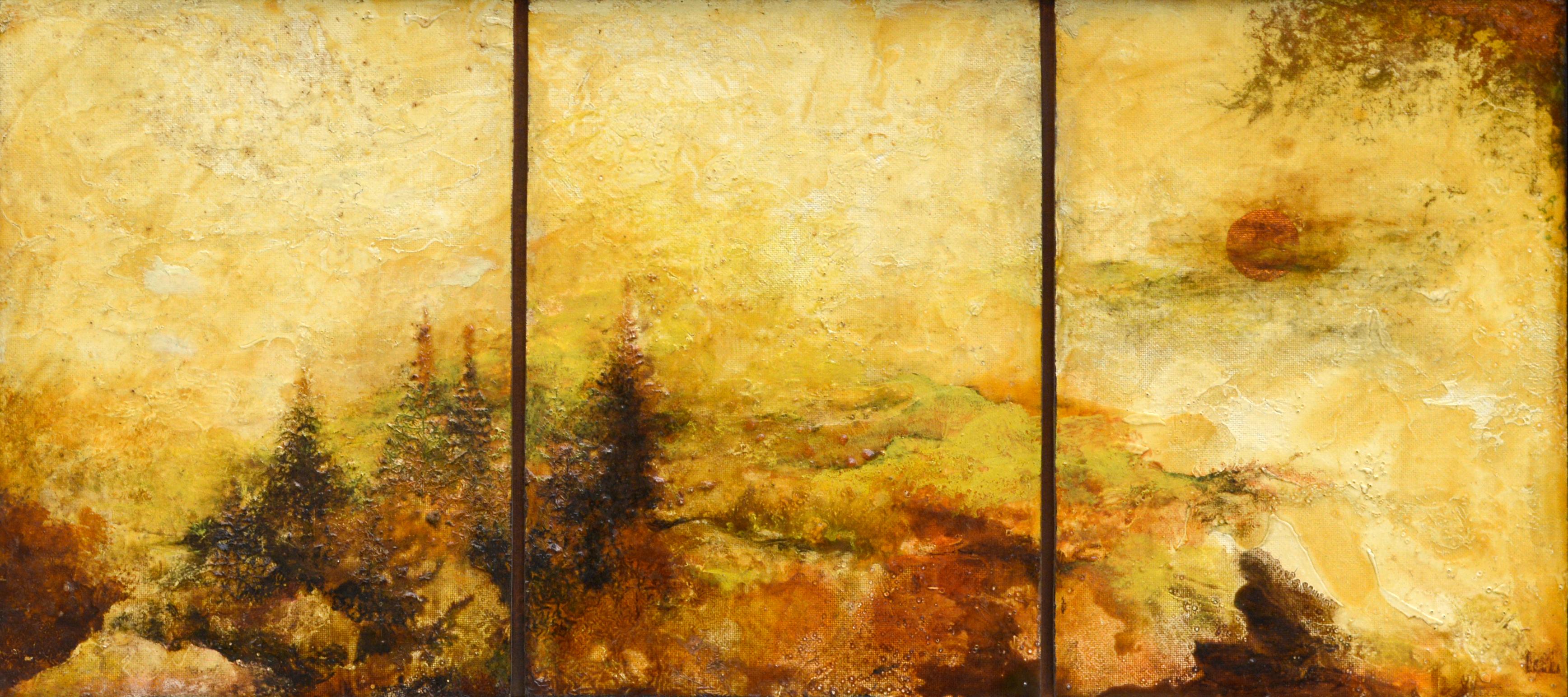 Moody Sunrise Triptych Landscape - Painting by Unknown