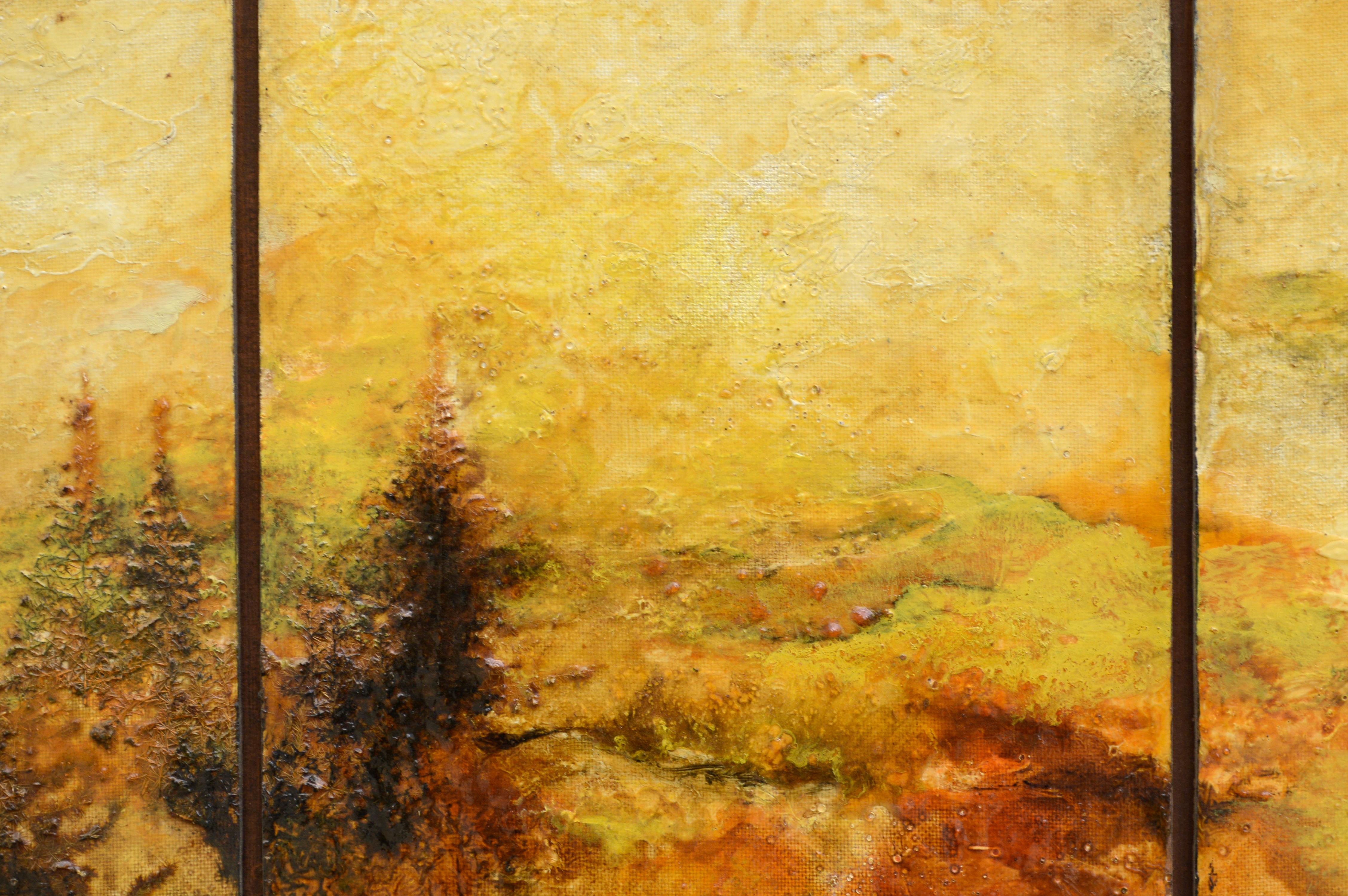 Moody Sunrise Triptych Landscape - Orange Landscape Painting by Unknown