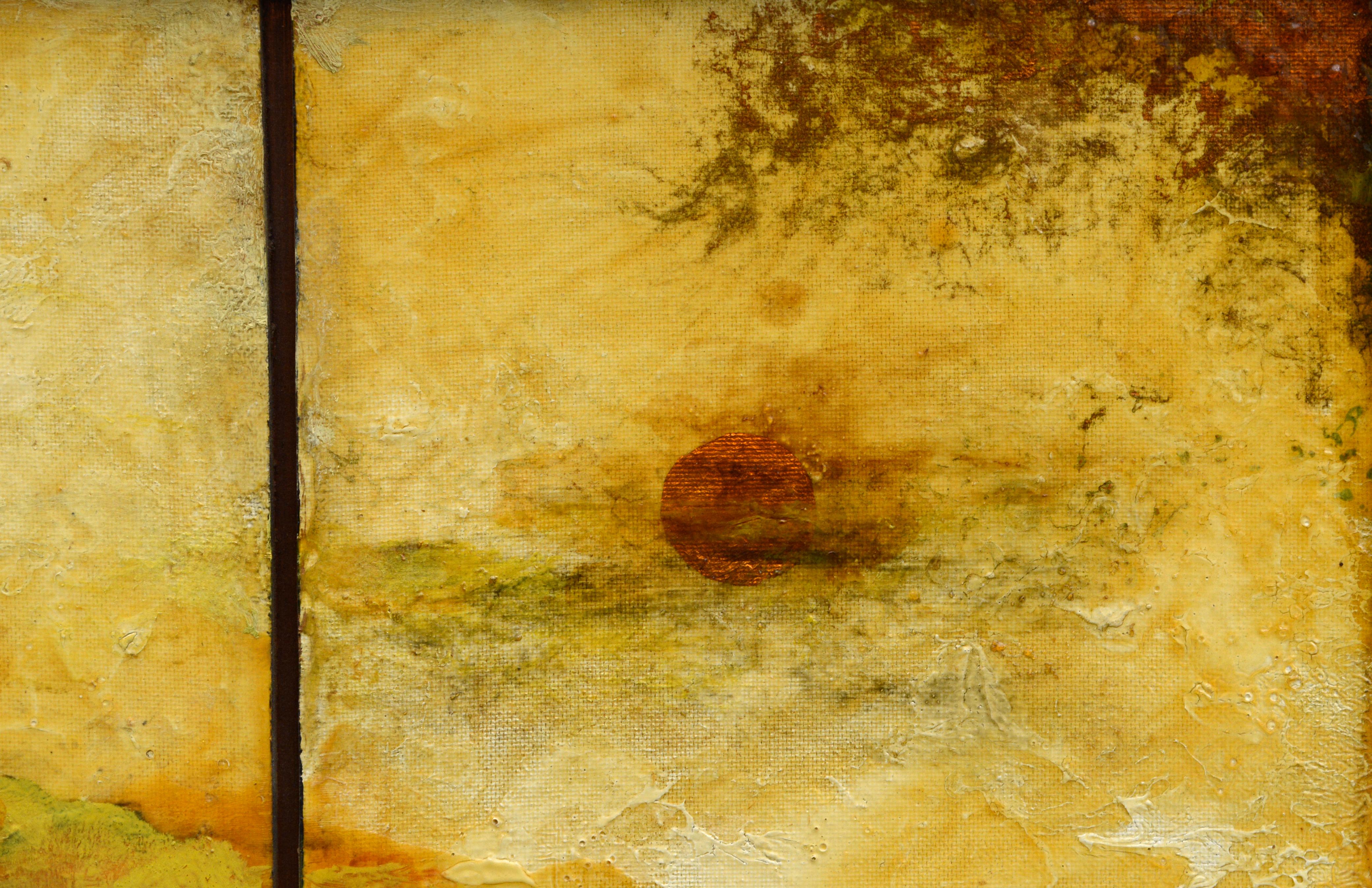 Landscape triptych with heavy colored varnish and natural materials by an unknown artist (20th Century). Presented in a 