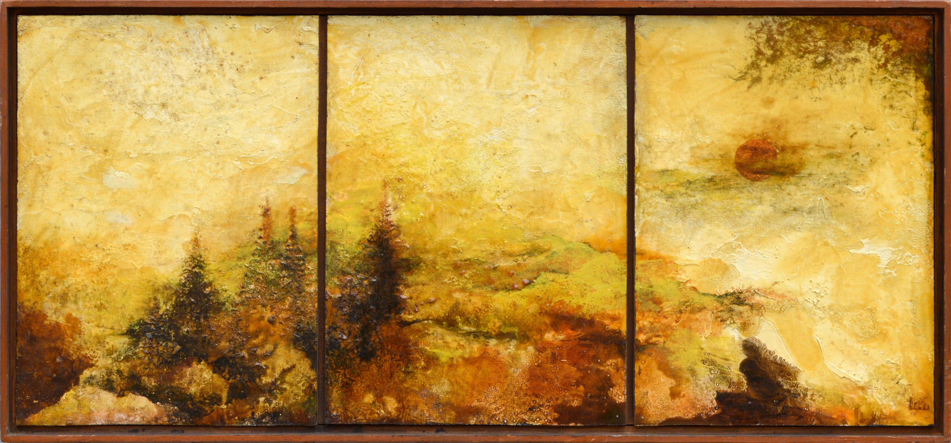 Unknown Landscape Painting - Moody Sunrise Triptych Landscape