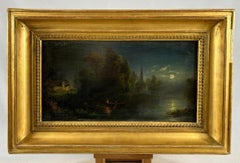 Moonlight on the river, Romantic Oil on Panel, Original French Artist