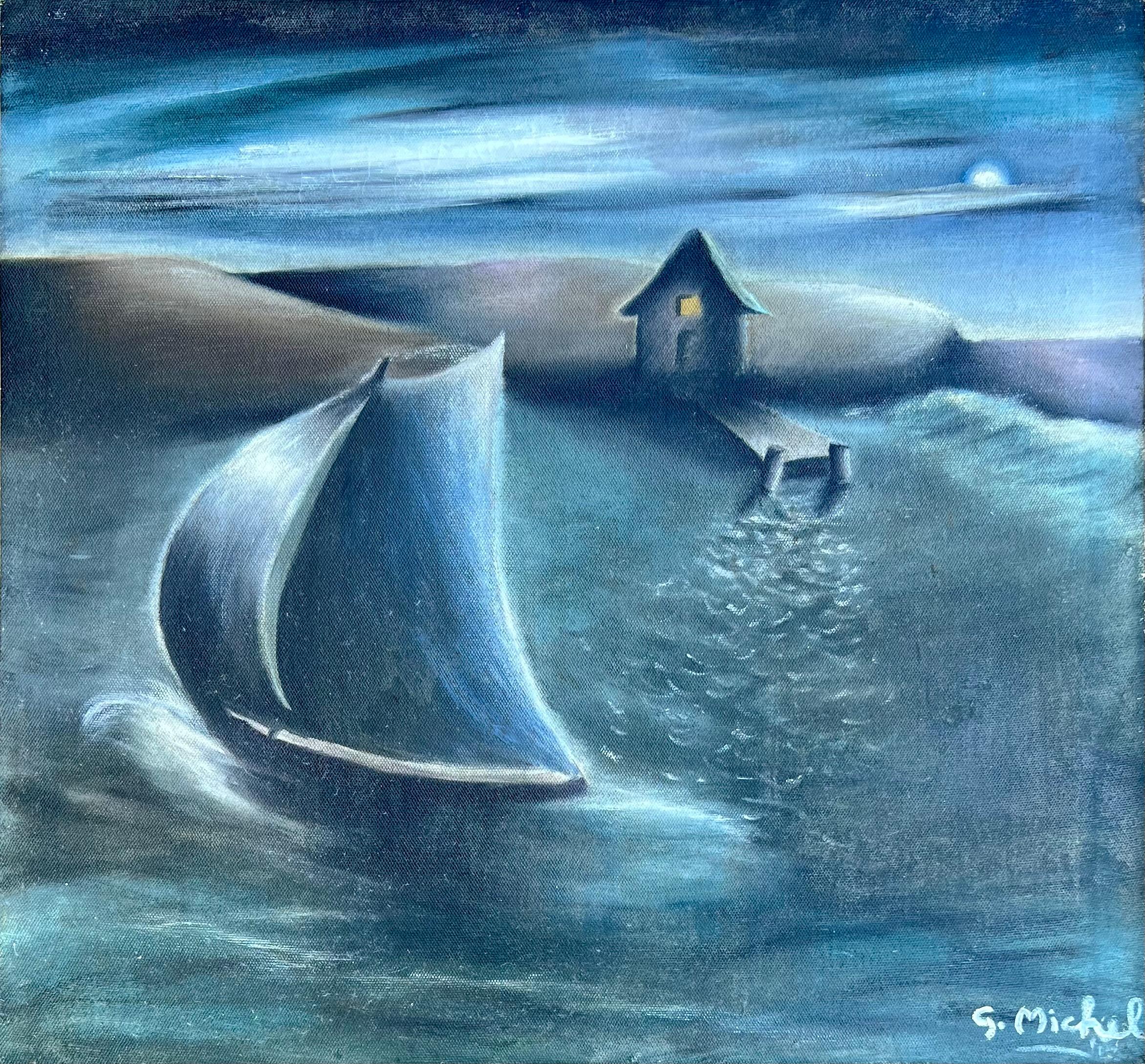 Unknown Landscape Painting - "Moonlight Sail" painting signed S. Michel