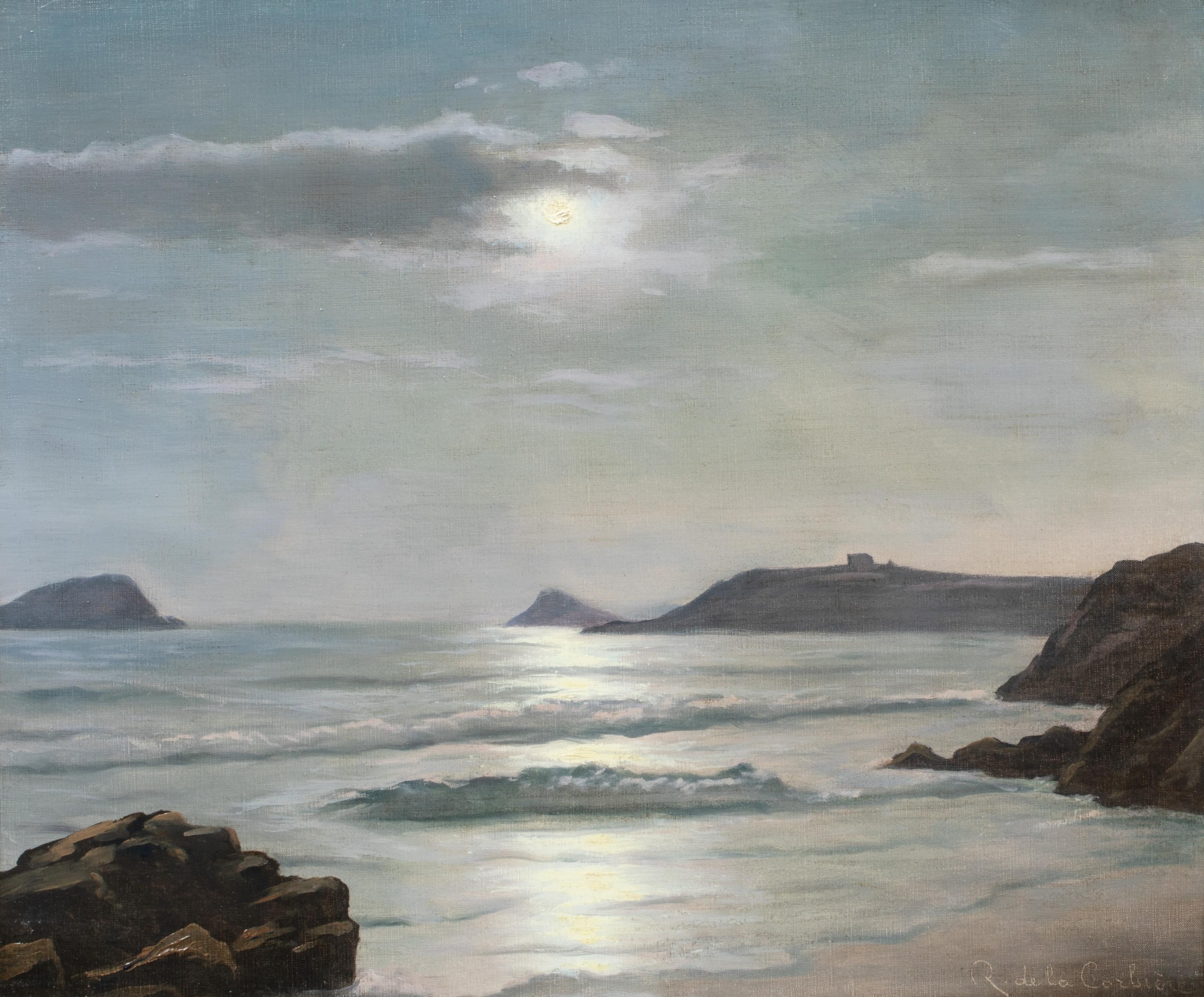 Unknown Landscape Painting - Moonlit Beach Scene "Rotheneuf et Villaine" by , 20th century 