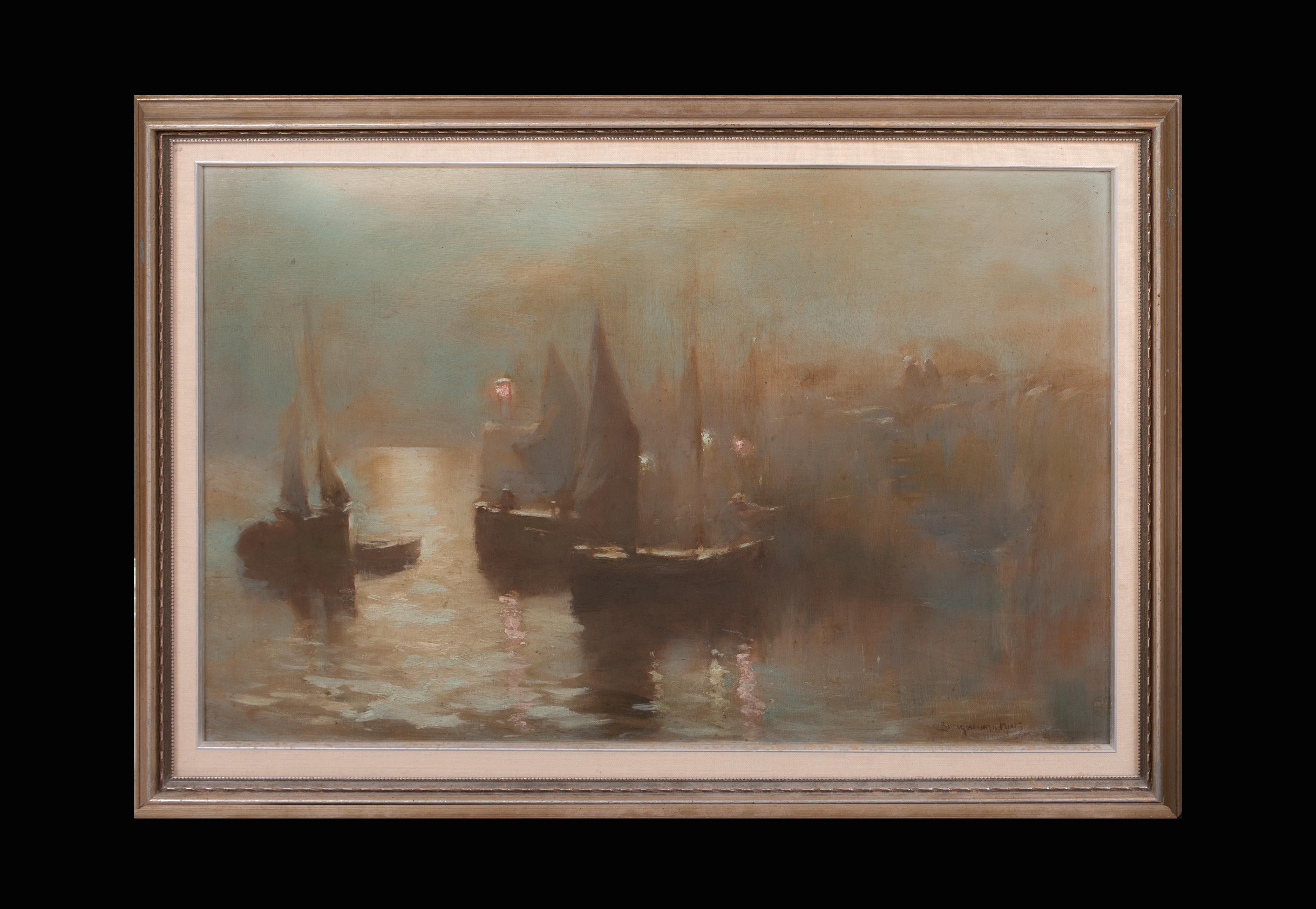 Harbour Moonlit, St Ives, Cornouailles, 19e siècle par BARAGWANATH KING (1864-1949) - Painting de Unknown