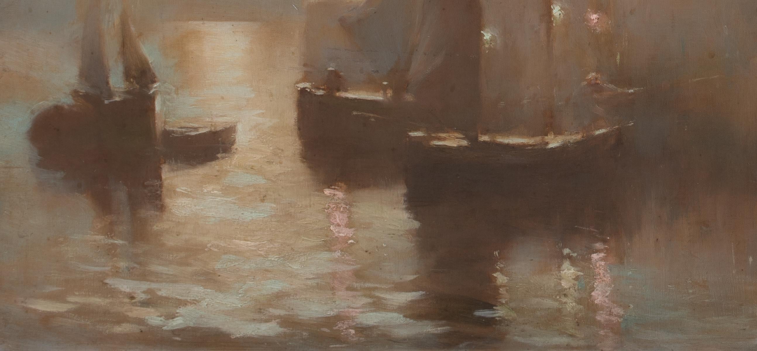 Harbour Moonlit, St Ives, Cornouailles, 19e siècle par BARAGWANATH KING (1864-1949) - Marron Landscape Painting par Unknown
