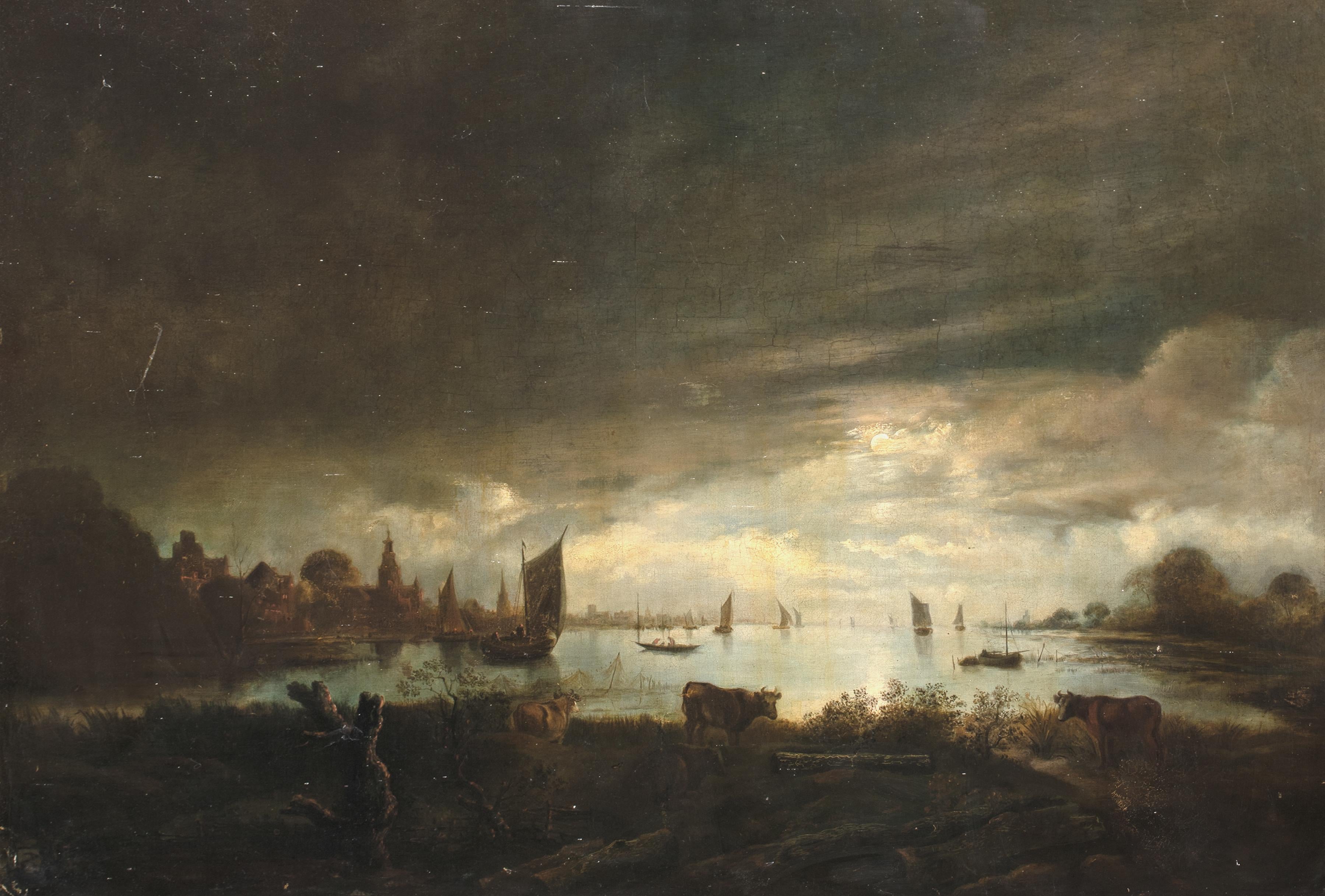 Mondbeschienene Flusslandschaft, 17. Jahrhundert attr. Aert van der Neer (1603-1677) (Schwarz), Landscape Painting, von Unknown