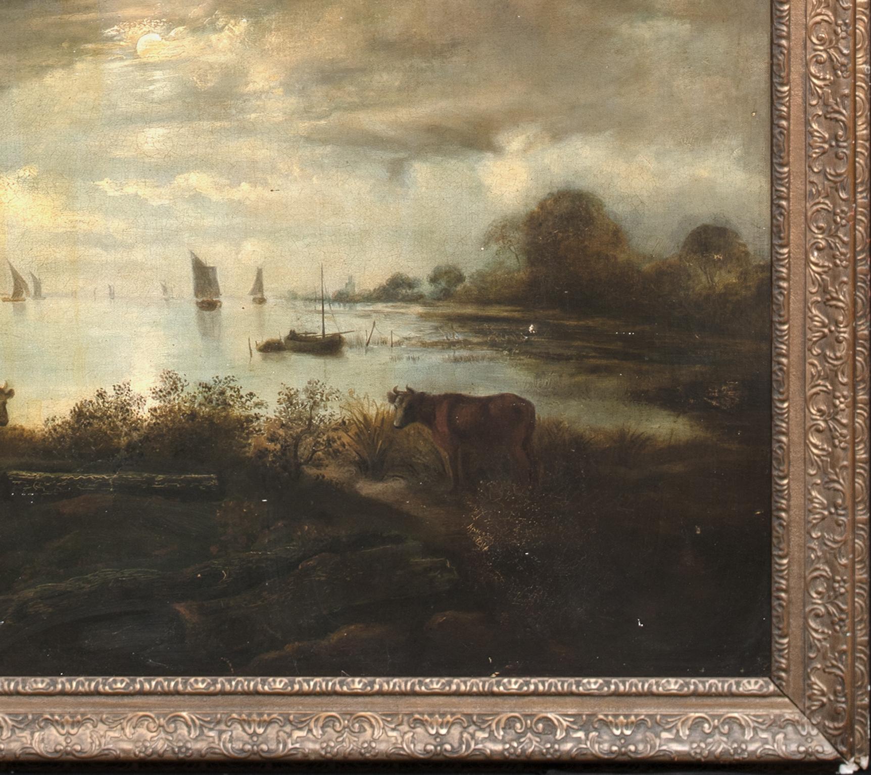 Mondbeschienene Flusslandschaft, 17. Jahrhundert

wird Aert van der Neer (1603-1677) zugeschrieben

Große holländische Landschaftsansicht aus dem 17. Jahrhundert mit Booten auf einer Rover-Landschaft, Öl auf Leinwand. Weitläufige nächtliche