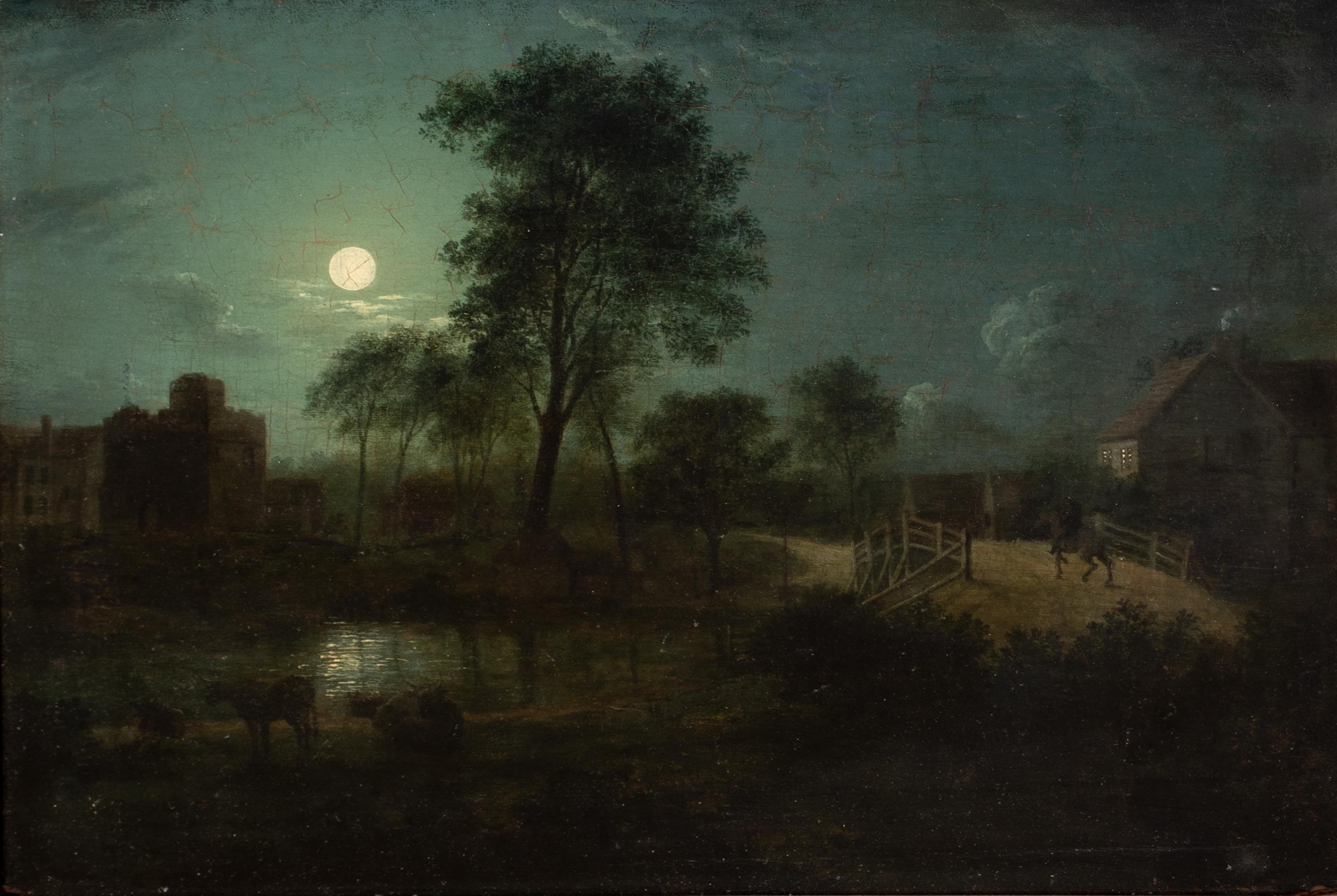 Moonlit Village River Landscape, 19th Century

attributed to Sebastian Pether (1790-1844)

19th Century Moonlit river village landscape, oil on panel attributed to Sebastian Pether. Excellent quality and condition nocturne typical of Pethers