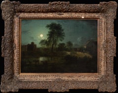 Moonlit Village River Landscape, 19th Century  attributed to Sebastian Pether 