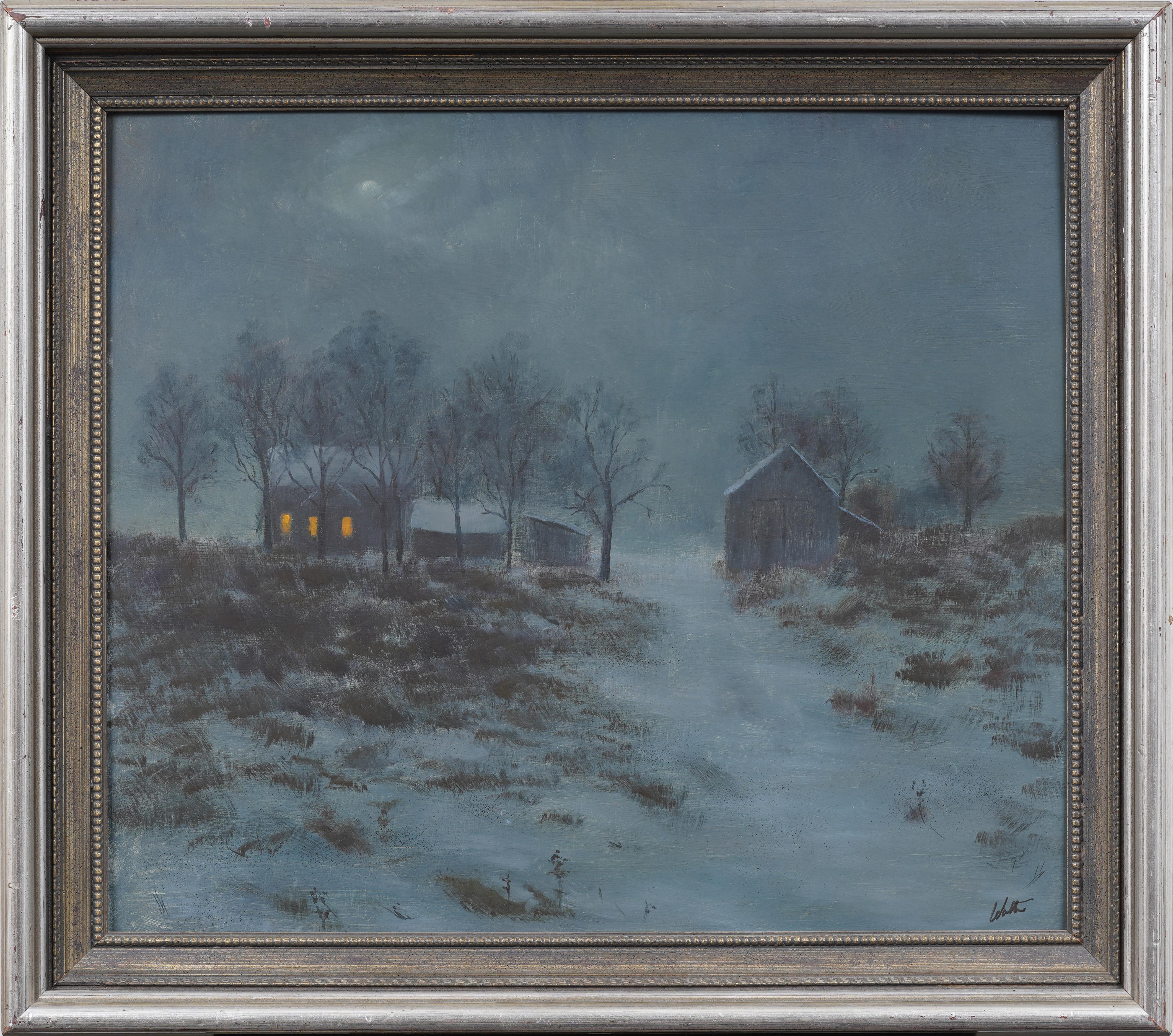 Moonlit Winter Snow Landscape Signed Framed American Impressionist Original Oil