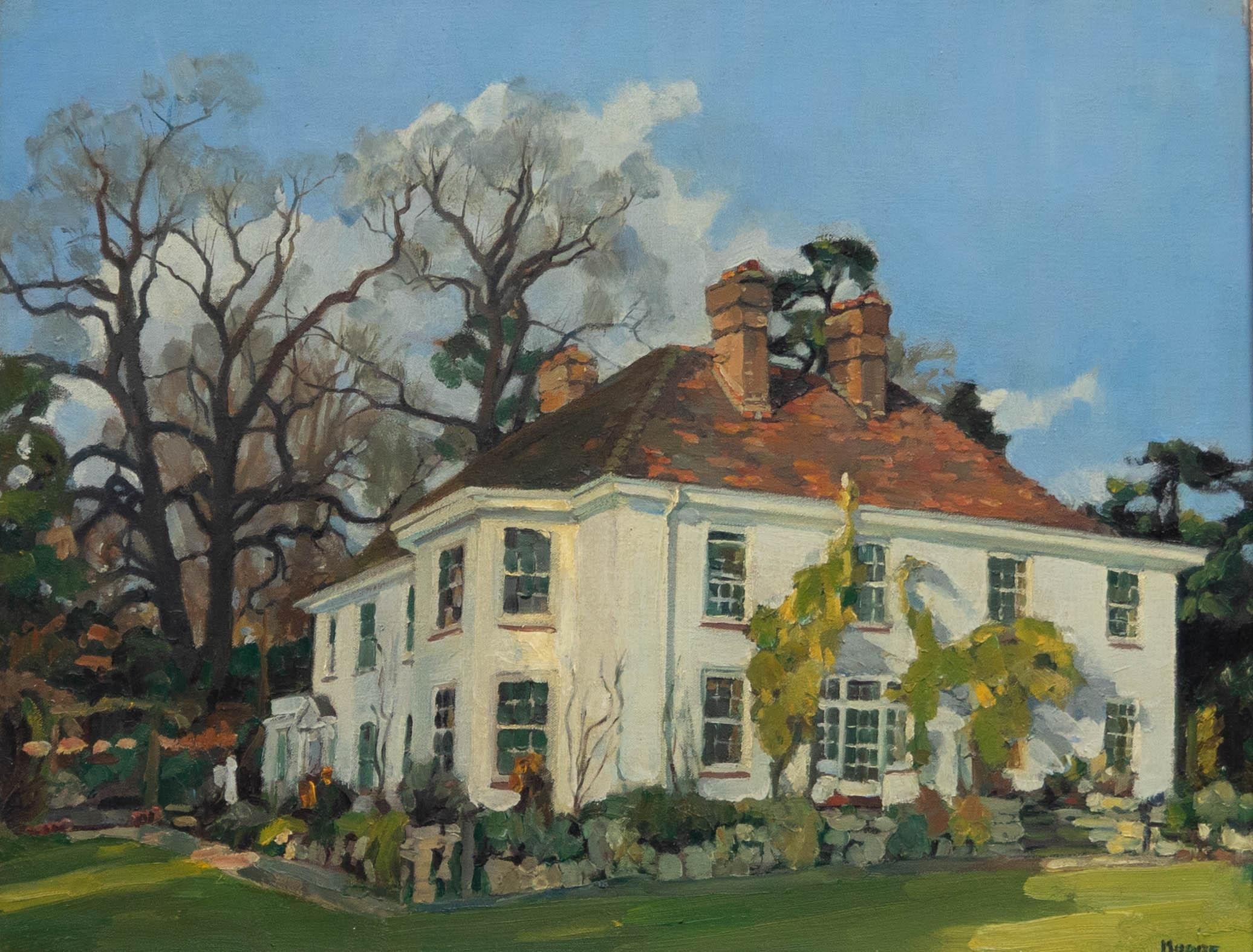 Huile du milieu du 20e siècle, The White Manor House, encadrée - Painting de Unknown