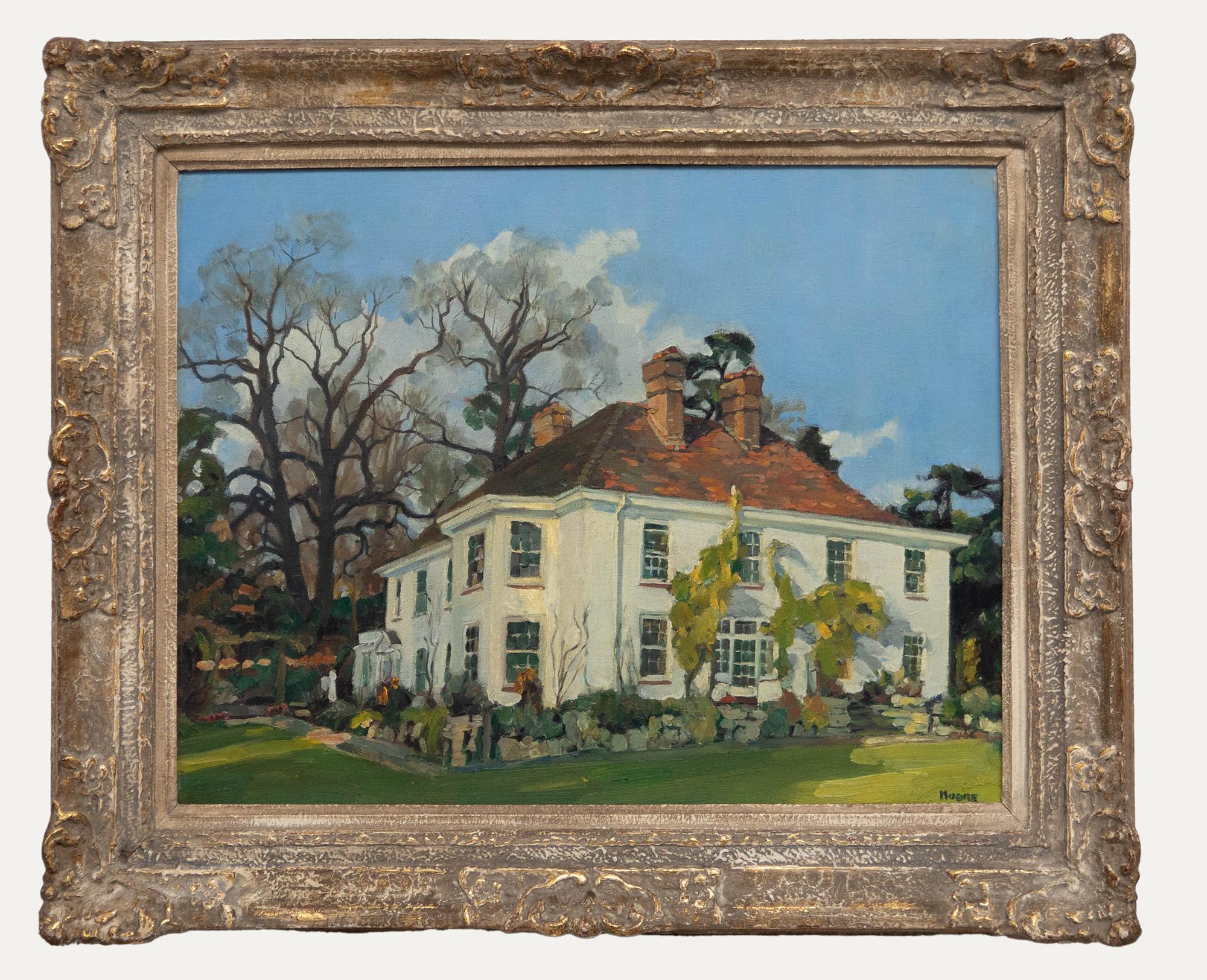 Landscape Painting Unknown - Huile du milieu du 20e siècle, The White Manor House, encadrée