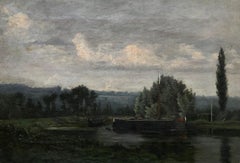 Moored sailboats, river banks, XIXth century french school