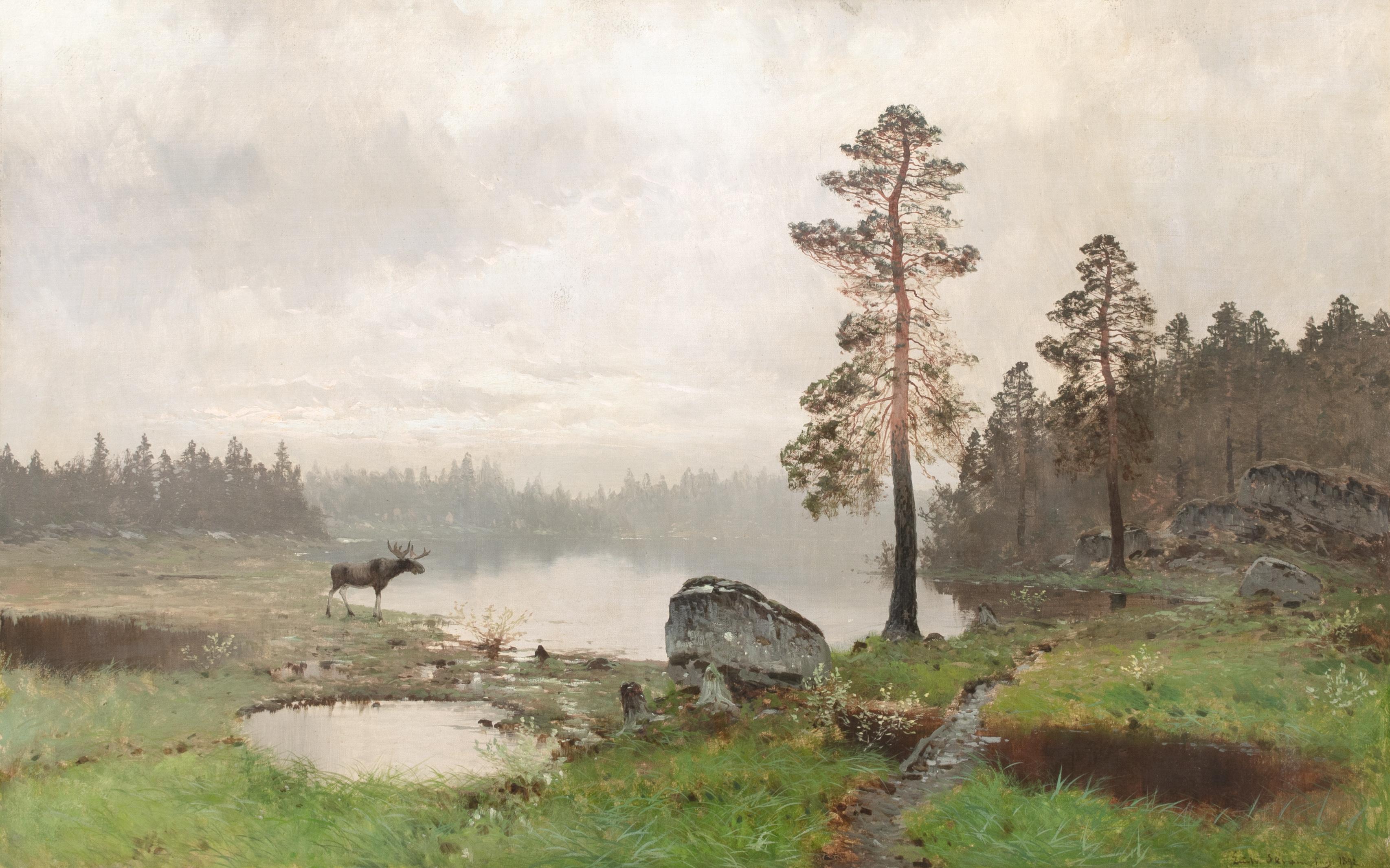Alce al borde del agua, Grandes Lagos, Canadá, Siglo XIX - Landscape Painting Marrón de Unknown