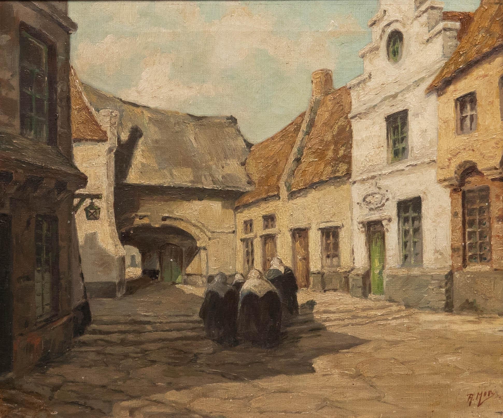 Mor - Début du 20e siècle Huile, Nonnes dans une cour - Painting de Unknown