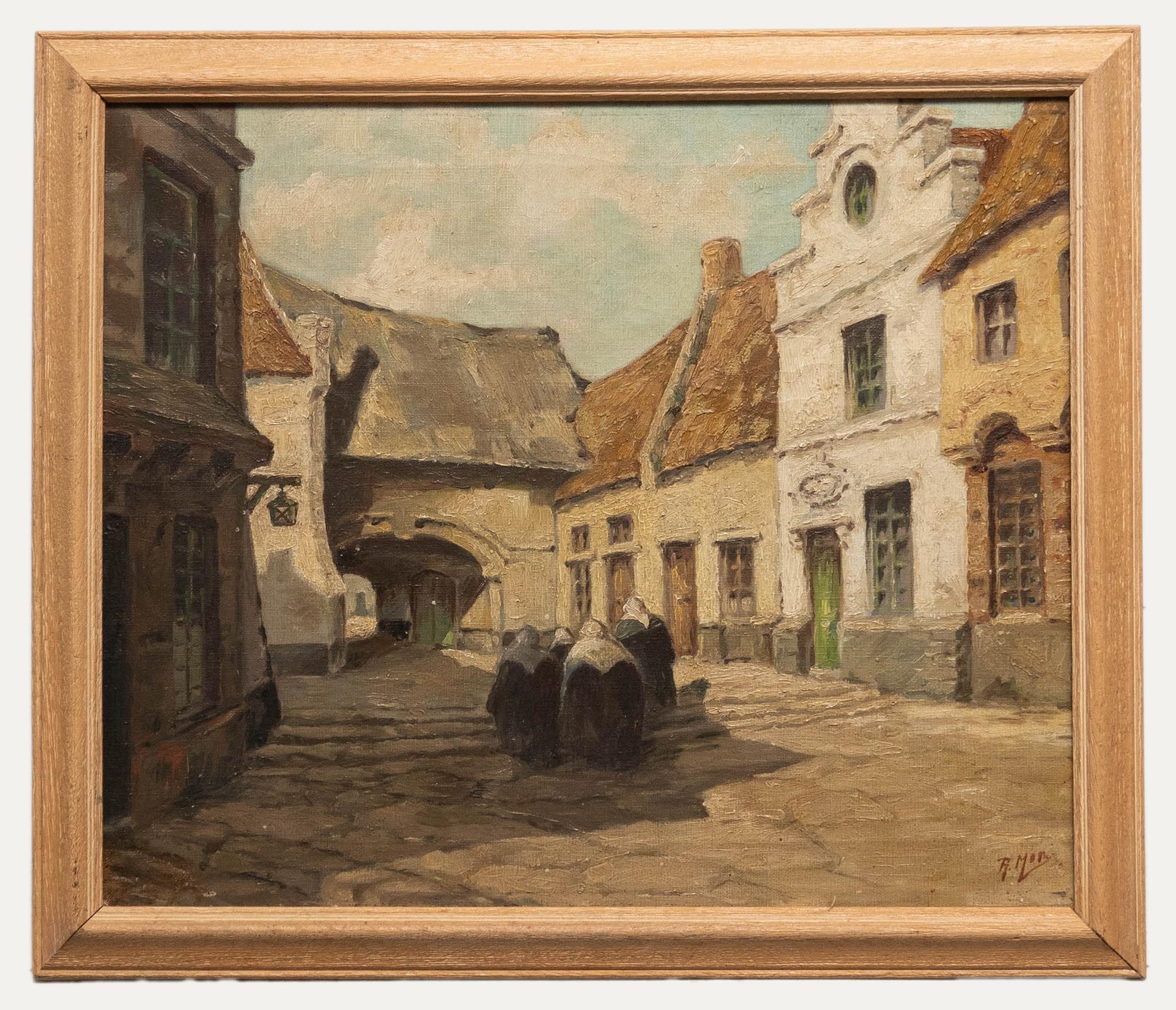 Landscape Painting Unknown - Mor - Début du 20e siècle Huile, Nonnes dans une cour