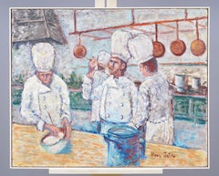 "More Salt?" Framed Kitchen Interior Chefs at Work Oil Painting