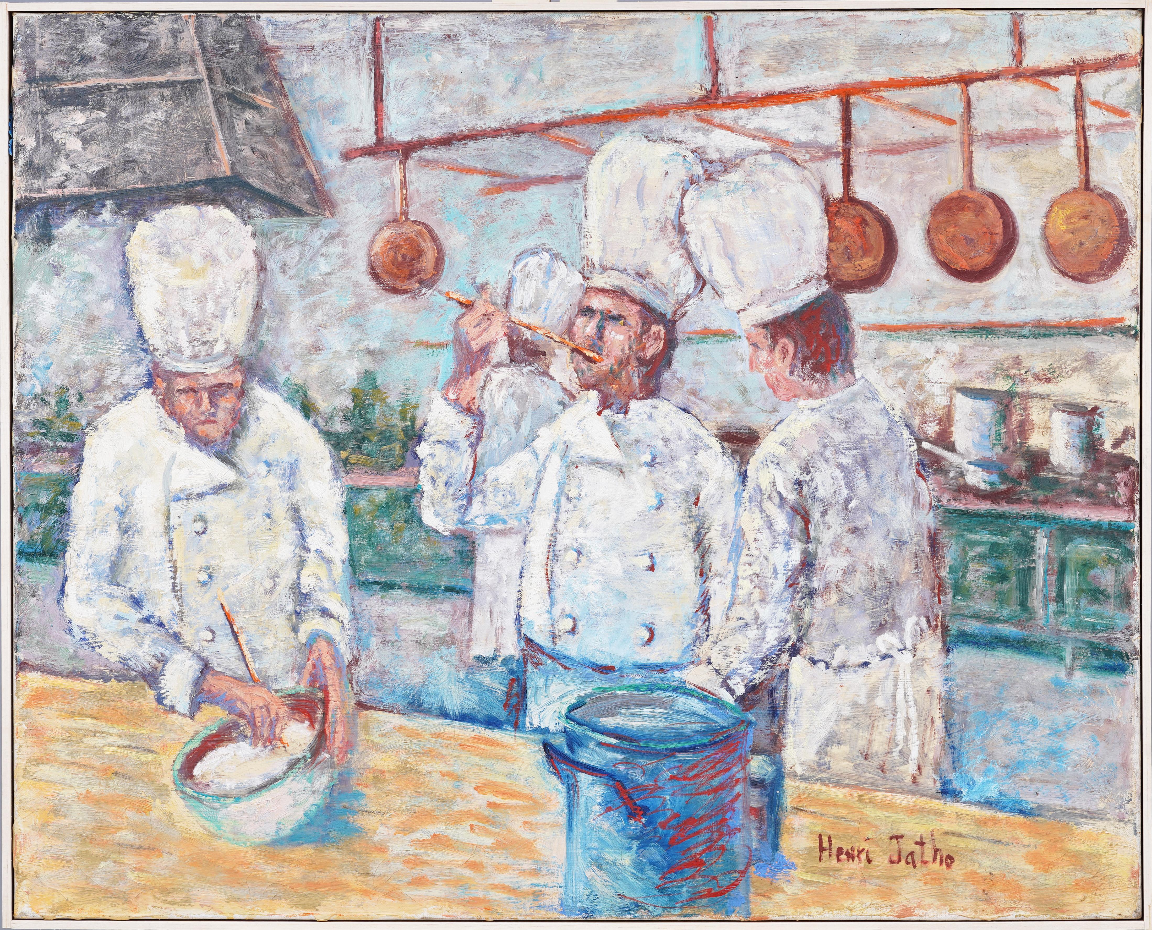 Unknown Interior Painting - "More Salt?" Framed Kitchen Interior Chefs at Work Oil Painting