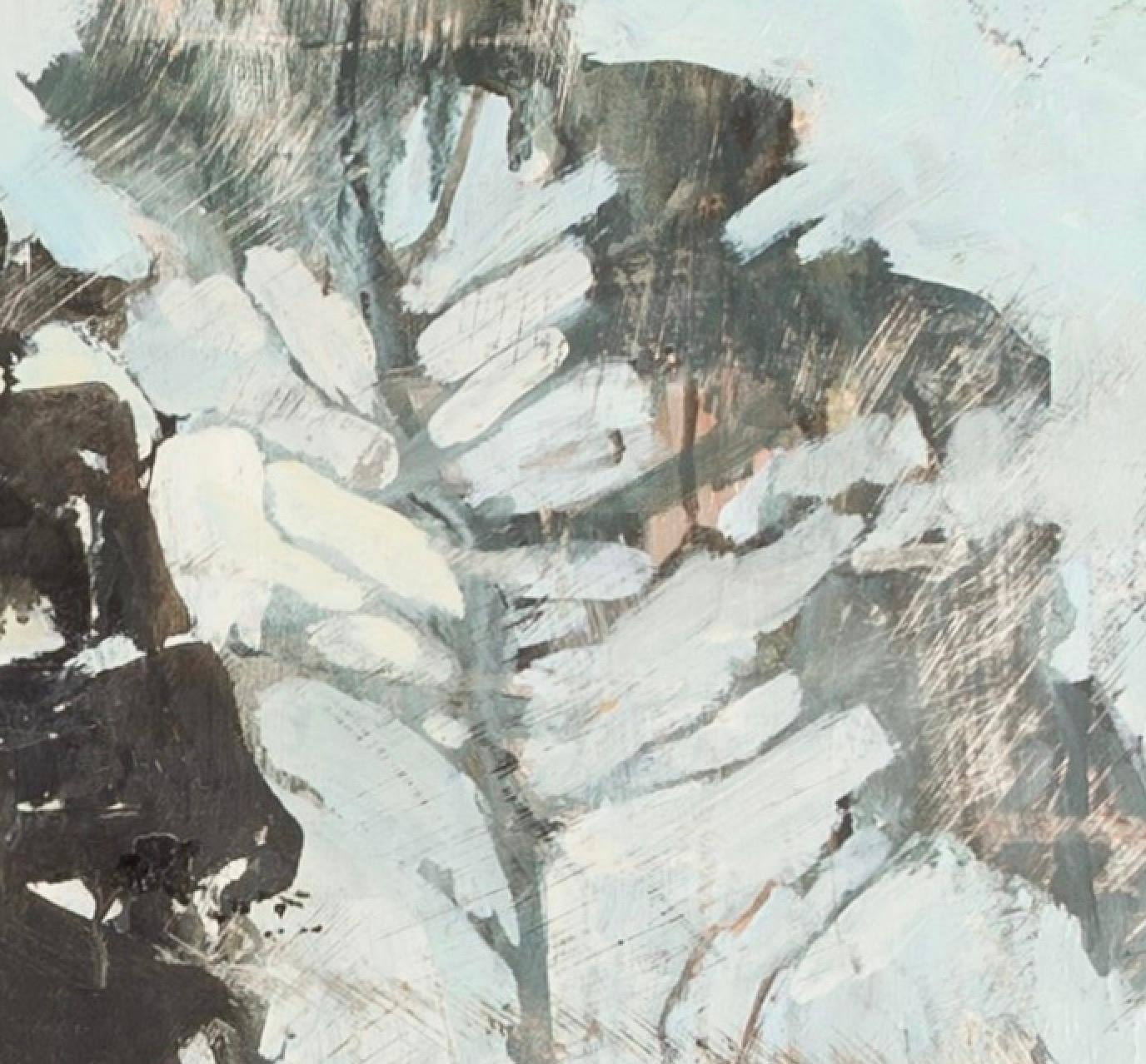 Mañana a través del pino, pintura figurativa al óleo sobre tabla de Ffiona Lewis - Landscape Painting Gris de Unknown