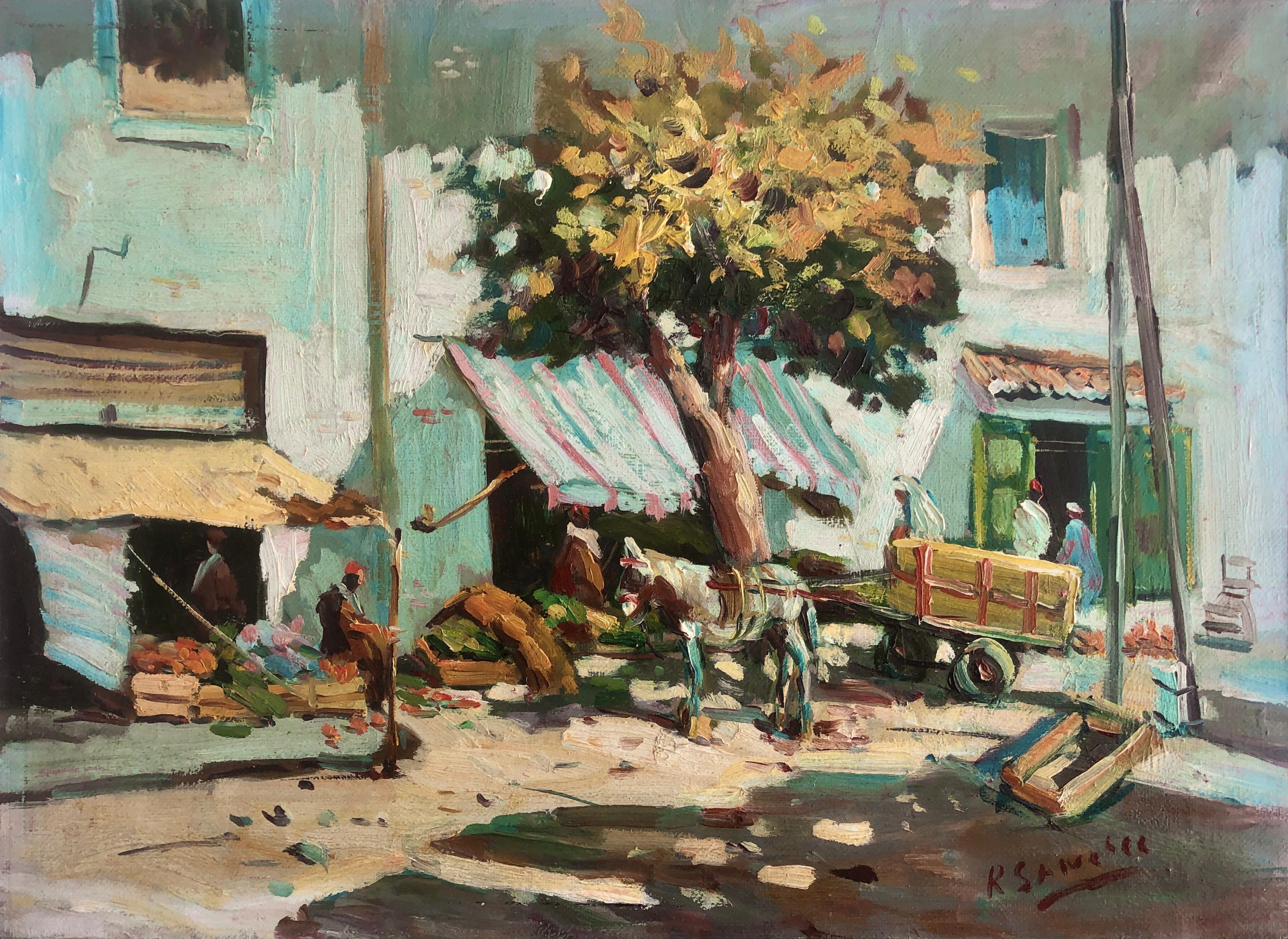 Unknown Figurative Painting - Morocco market oil on canvas orientalist painting