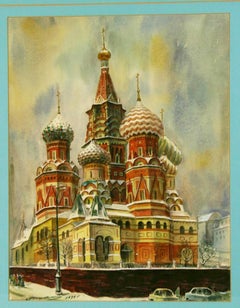 Vintage Modern City Scape Moscow Church in Gouache