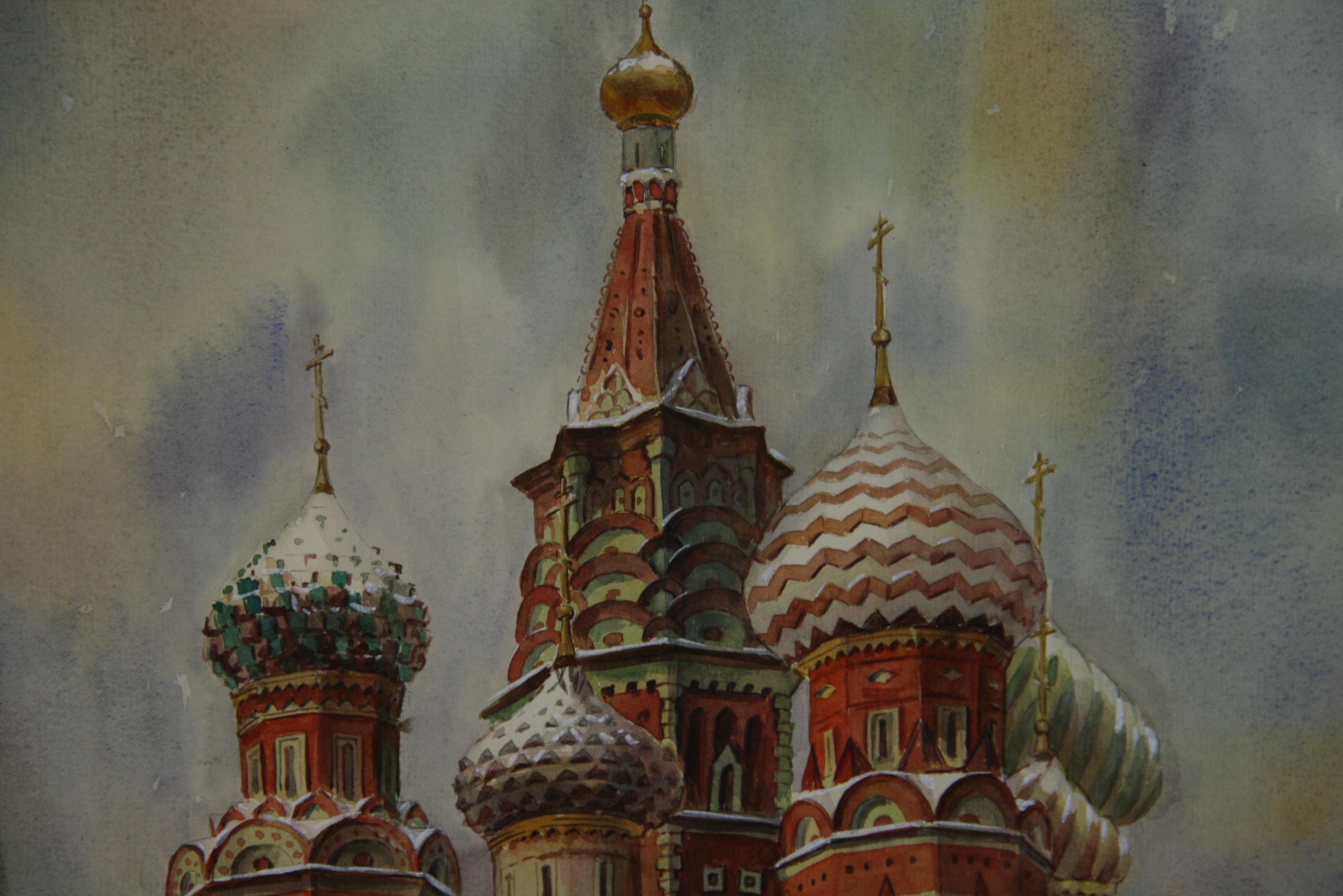 Modern City Scape Moscow Church in Gouache - Brown Landscape Painting by Unknown