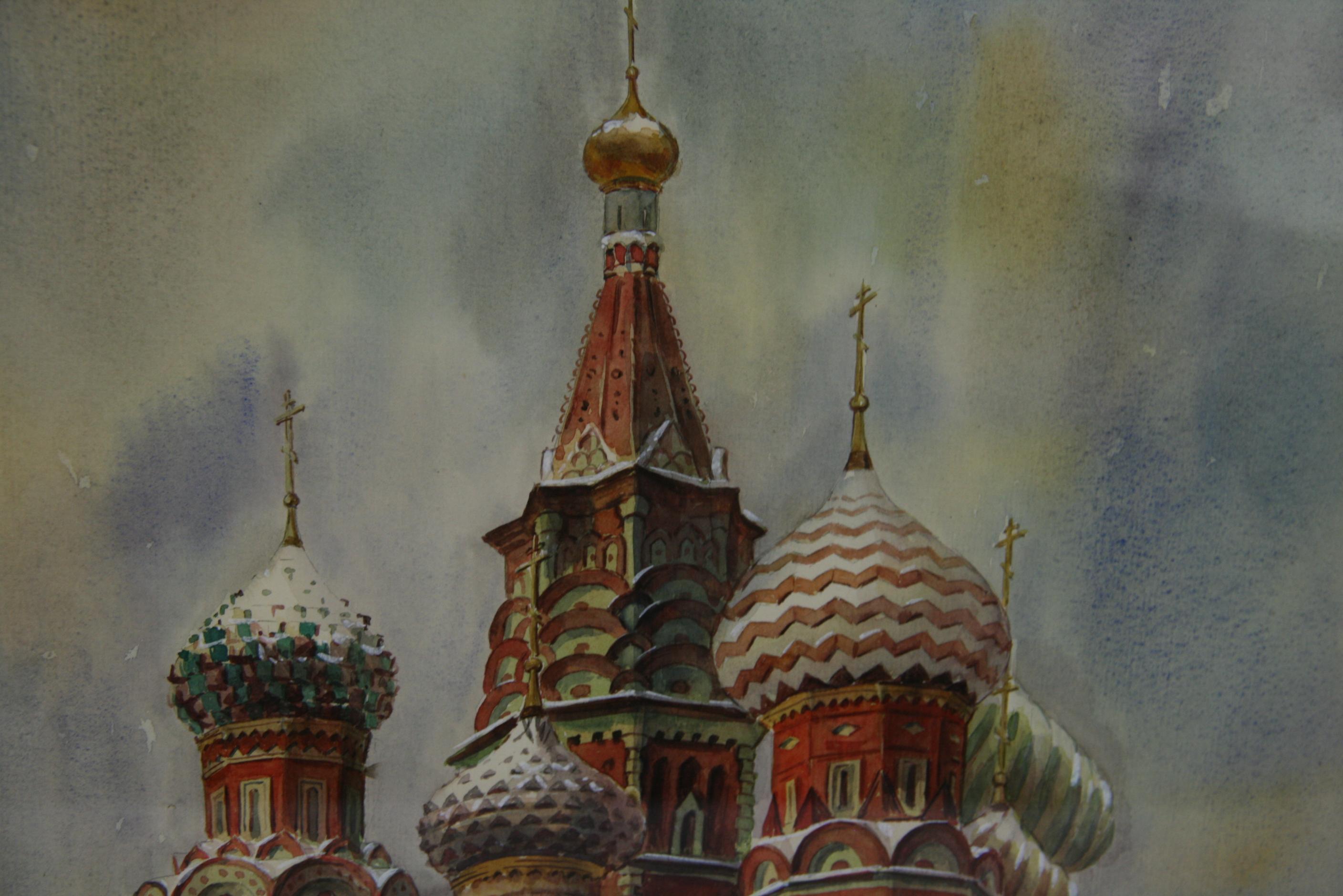Modern City Scape Moscow Church in Gouache For Sale 2