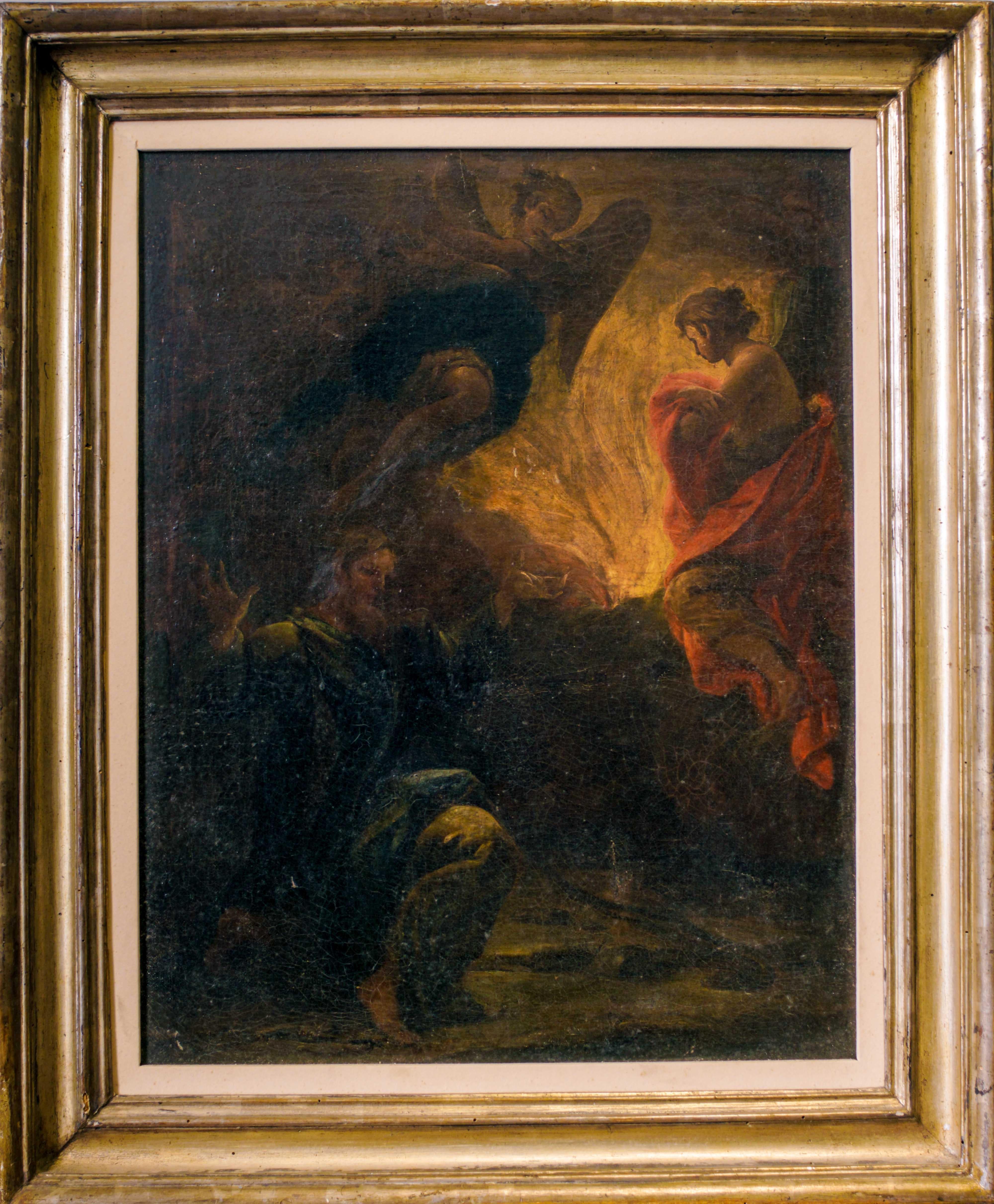 Unknown Figurative Painting - Moses and the Burning Bush - Oil Paint by Italian School 17th-18th cent.
